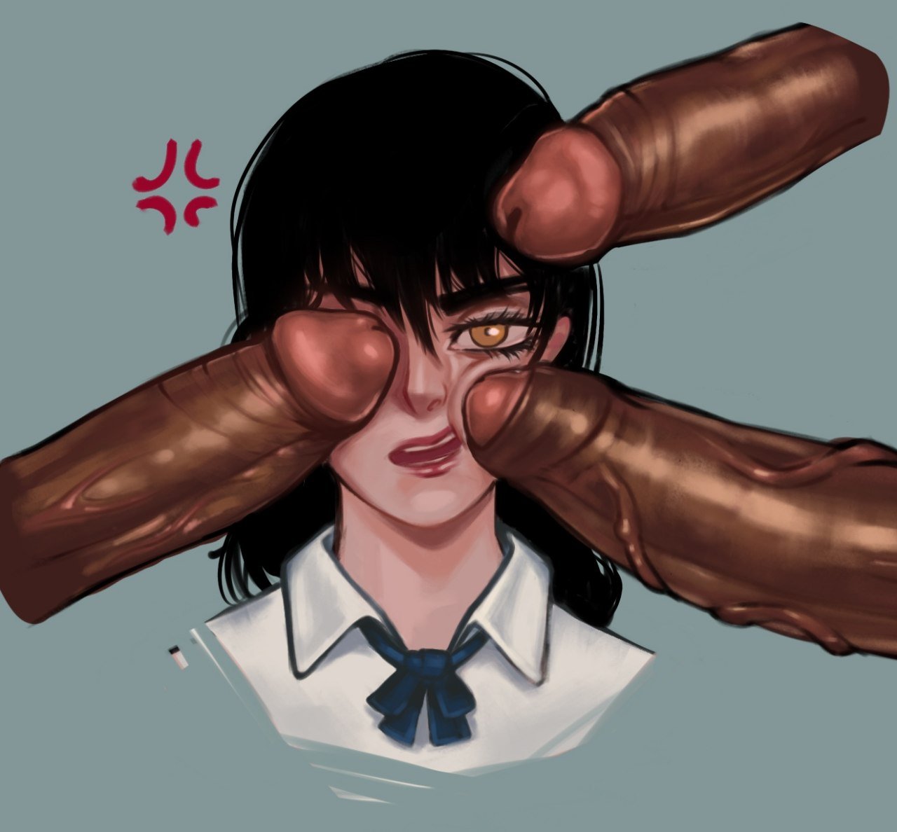 1girls, 3boys, annoyed, artist name, artist request, big penis, black hair, black penis, chainsaw man, dark-skinned male, interracial, meme, meme reference, mitaka asa, penis, penis covering eye, penis on face, penis poke, pigtails, poking with penis, redline surrounded by guns (meme), spine (game), yellow eyes