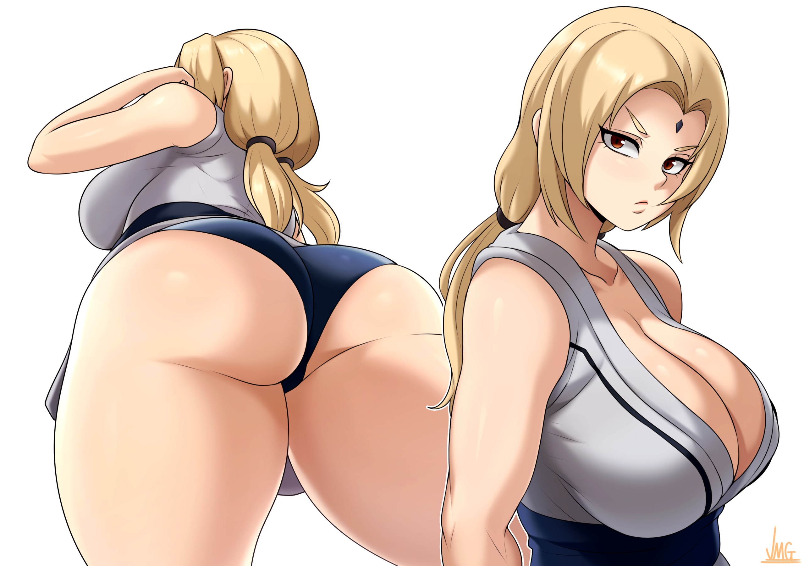 1girls, absurd res, absurd resolution, absurdres, alternate version available, ass, ass focus, back view, bare arms, bare shoulders, big ass, blonde hair, blue panties, blue underwear, boruto: naruto next generations, brown eyes, bubble ass, bubble butt, butt, canon costume, canonical outfit, cleavage, clothed, clothing, dat ass, dumptruck ass, dumptruck butt, fat ass, female, female focus, female only, forehead jewel, forehead mark, frown, frowning, frowning at viewer, fully clothed, gilf, hair ribbons, hi res, high resolution, highres, huge ass, inner sideboob, jmg, light skin, light-skinned female, looking at viewer, mature, mature female, mature woman, milf, naruto, naruto (classic), naruto (series), naruto shippuden, naruto: the last, no pants, older than they look, pale skin, pale-skinned female, panties, pigtails, pinup, presenting ass, presenting butt, ribbons, shonen jump, shounen jump, shueisha, sleeveless, sleeveless shirt, smooth skin, solo, solo female, solo focus, standing, tied hair, tight clothing, tight pants, tsunade, tsunade (naruto), tsunade senju, underwear, underwear outline, very high resolution, weekly shonen jump, weekly shounen jump, white background, yoga pants