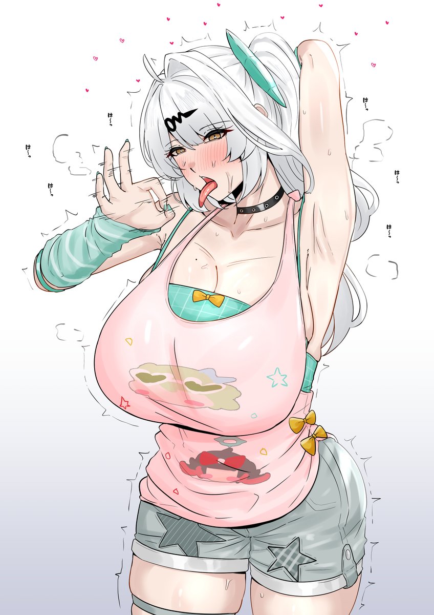 1girls, ahoge, angels of delusion, arm up, armpits, armwarmer, bare shoulders, big breasts, blowjob gesture, blue nails, blush, blushing, boob spillage, bow, breasts, breasts bigger than head, choker, cleavage, clothed, clothed female, colored nails, cosplay, enticing, fellatio gesture, female, female focus, hair between eyes, hair tied, hairclip, hand behind head, heart eyes, hoyoverse, huge breasts, kfc, large breasts, lewd gesture, long hair, long nails, looking at viewer, mihoyo, motion blur, motion lines, mouth open, painted nails, ponytail, ribbon, shorts, simple background, solo, solo focus, standing, stretched shirt, sunna (delusions in business) (zenless zone zero), sunna (zenless zone zero) (cosplay), sweat, sweaty, sweaty armpit, sweaty body, sweaty breasts, sweaty thighs, tank top, thigh strap, thighs, tongue out, too old for this, trand1008, trembling, twitching, undershirt, white background, white hair, yellow eyes, yixuan (zenless zone zero), zenless zone zero