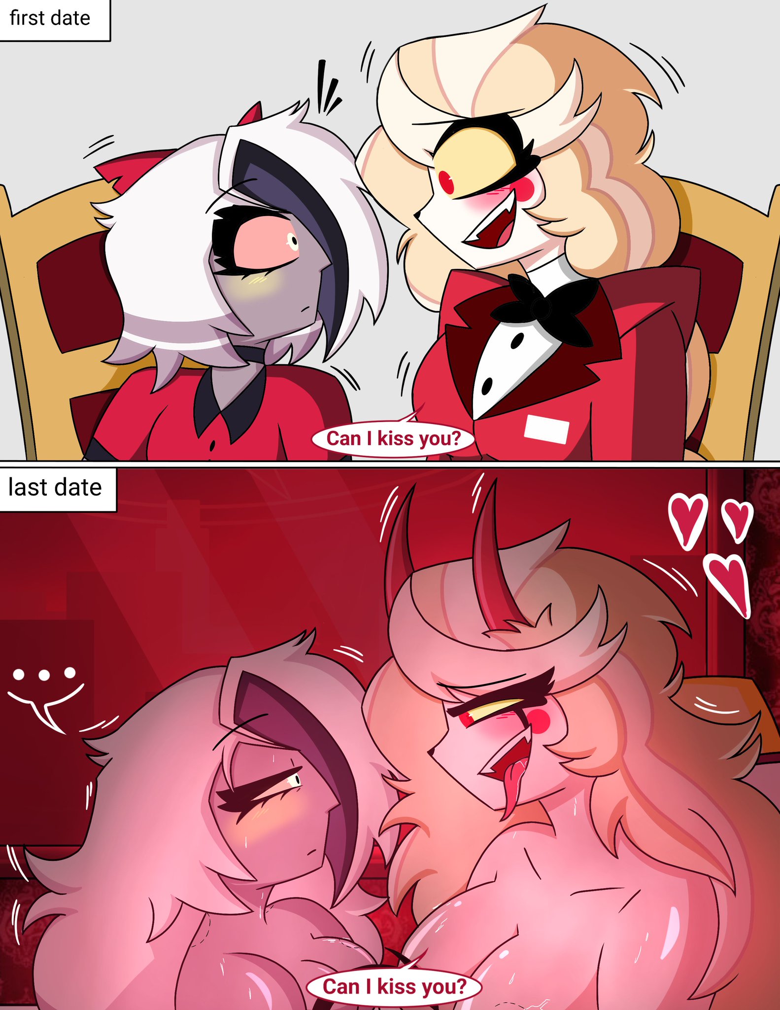 2026, 2girls, black bowtie, blush, blushing, boobs, bowtie, breasts, charlie morningstar (hazbin hotel), demon girl, demon horns, female, female only, grey body, hazbin hotel, hearts, hellaverse, horns, lesbian, lesbians, long hair, naked, open mouth, red clothing, red eyes, short hair, tagme, the titan draw, tits, tongue, tongue out, vaggi (hazbin hotel), vaggie (hazbin hotel), very long hair, white body, white hair, wholesome, wholesome sex, yuri