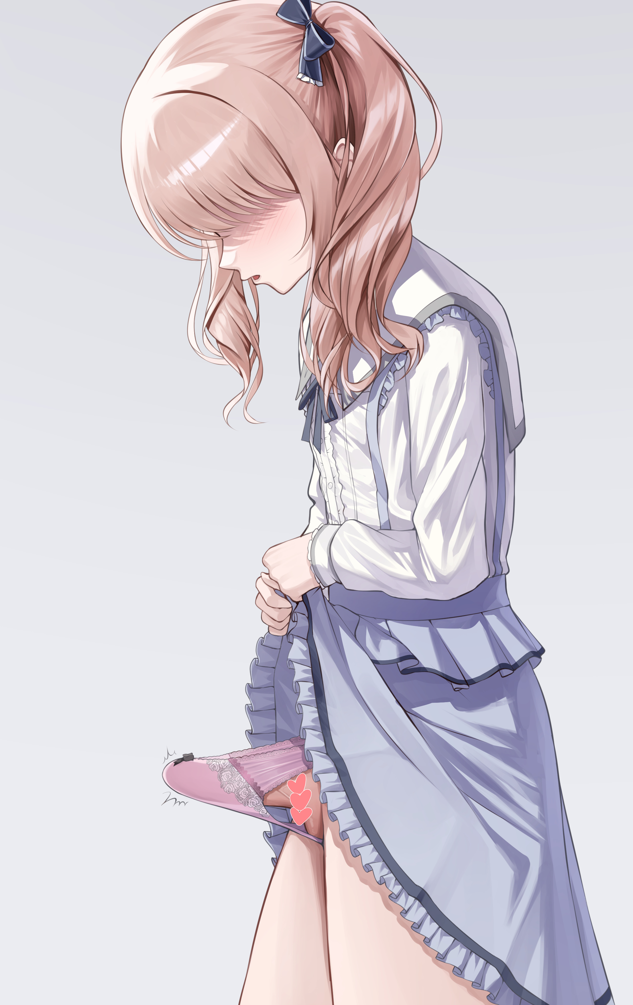 1girls, akiyama mizuki, androgynous, artist request, bangs over eyes, bow panties, censored, choppy bangs, clothed, clothing, cowboy shot, drill hair, ears, erect penis, erection, erection under clothes, eyeless, eyeless character, eyeless face, floral pattern, frilled shirt, frilled skirt, frills, gradient background, grey background, grey hair tie, grey ribbon, grey skirt, hair ribbon, heart censor, holding skirt, lace panties, lace-trimmed panties, long hair, long sidelocks, long sleeves, looking at own penis, looking at penis, looking at self, looking down, medium skirt, open mouth, panties, penis, pink hair, pink panties, pink underwear, ponytail, portrait, project sekai, ribbon, sailor collar, shaking lines, shirt, side ponytail, side view, sidelocks, simple background, skirt, skirt lift, skirt lifted by self, small penis, solo, standing, testicles, thighs, tongue, transgender, two-tone shirt, underwear, veiny penis, very high resolution, viewed from side, white shirt