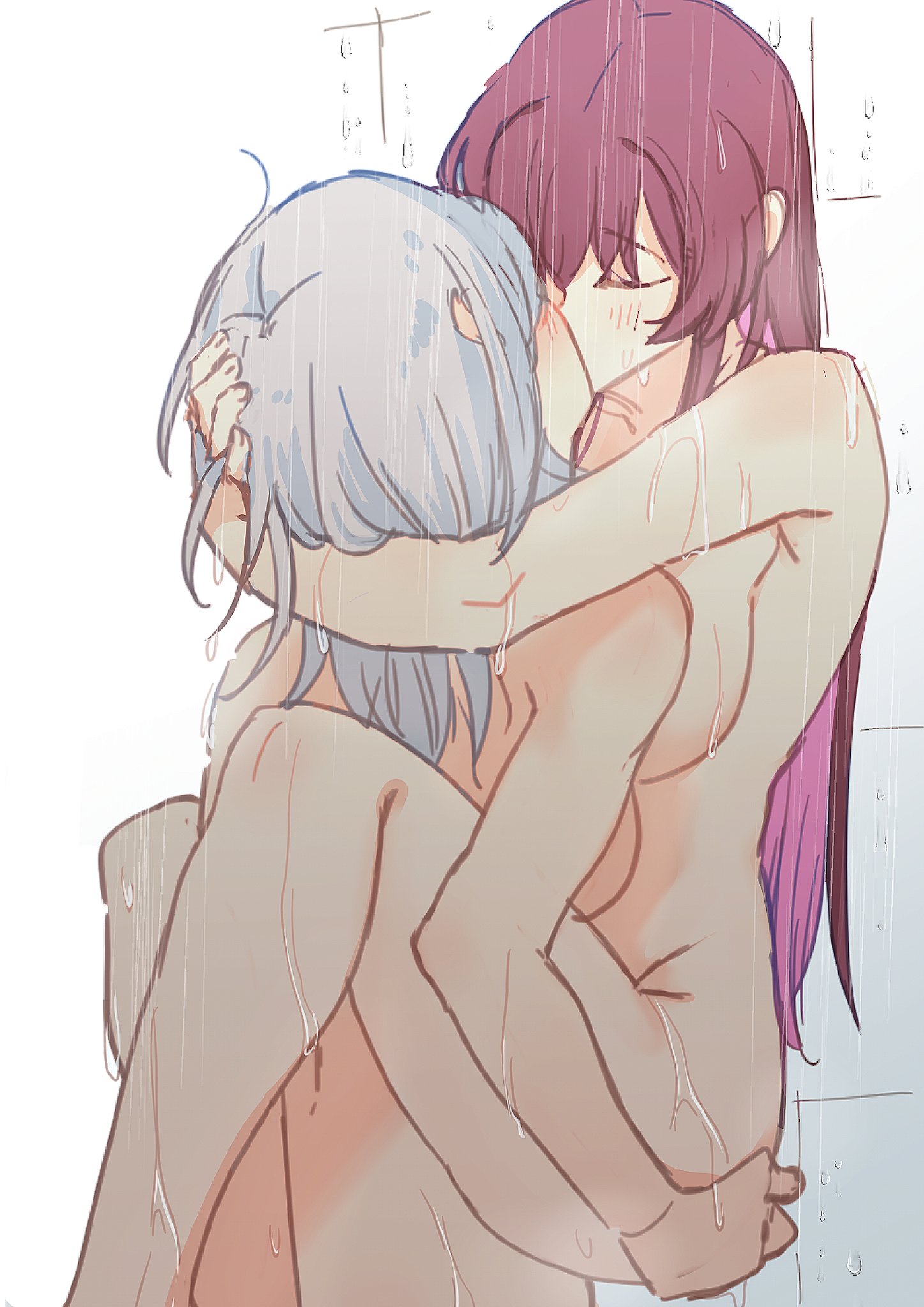 2girls, back, carrying, completely nude, completely nude female, convenient censoring, female only, gray hair, holding, holding ass, honkai: star rail, hoyoverse, kafka (honkai: star rail), kiss, kissing, legs, lifting, lifting person, long hair, nagiwww7, naked, naked female, nude, nude female, pressed against, purple hair, shower, shower sex, stelle (honkai: star rail), wet, yuri