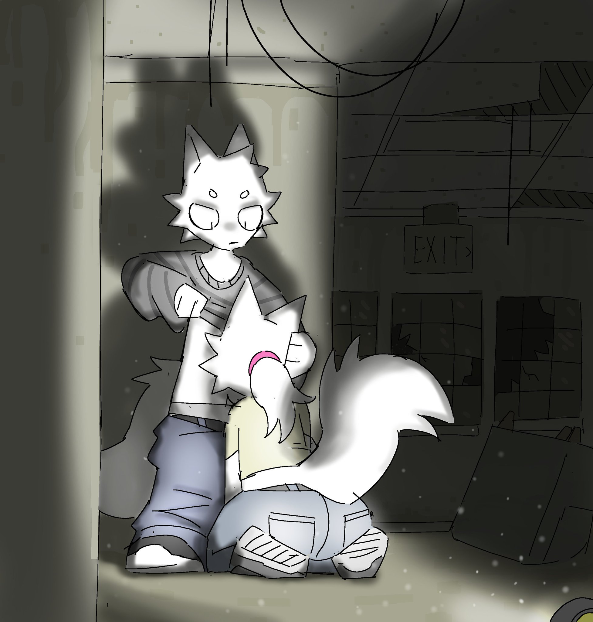 1boy, 1girls, blowjob, chelsea (millislushi), fox, fox girl, furry, holding head, lifting shirt, millislushi, oral, pants down, ponytail, sucking penis, white fur
