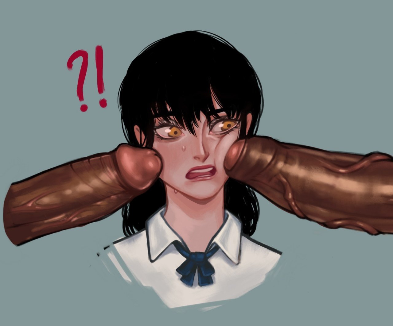 1girls, 2boys, artist name, artist request, big penis, black hair, black penis, chainsaw man, confused, dark-skinned male, interracial, meme, meme reference, mitaka asa, penis, penis on face, penis poke, pigtails, poking with penis, redline surrounded by guns (meme), spine (game), yellow eyes