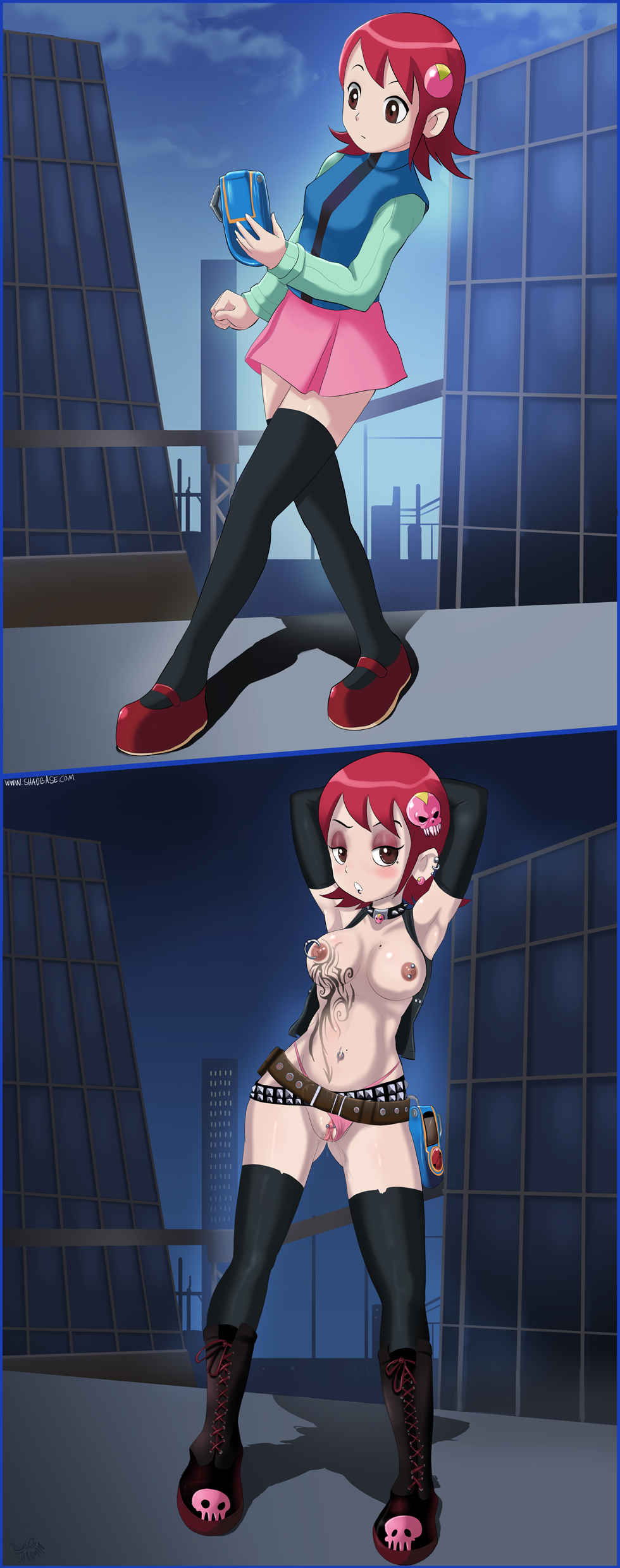 1girls, before and after, belt, breasts, brown eyes, choker, corrupted, corruption, ear piercing, female, genital piercing, human, mayl sakurai, mega man, mega man battle network, mega man nt warrior, nipple piercing, nipples, panties, panties aside, piercing, pink hair, pink panties, sakurai meiru, shadman, solo, tattoo, thong