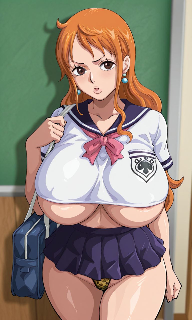 1girls, ai generated, bag, big breasts, curvy, curvy body, curvy female, curvy figure, female, female only, huge breasts, kyoru189, large breasts, light skin, light-skinned female, long hair, looking at viewer, mature female, miniskirt, nami (one piece), one piece, school, school uniform, schoolgirl, shiny, shiny skin, short sleeves, solo, solo female, thong, underboob