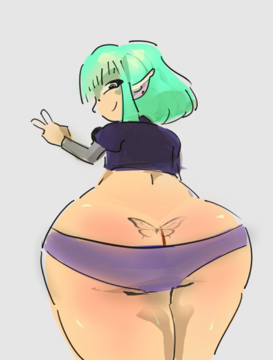 1girls, 1nonbinary, ass focus, big ass, butterfly tattoo, green hair, huge ass, ivoirlynne, lesbian space princess, looking over shoulder, nonbinary, nonbinary (lore), panties down, peace sign, tattoo, tattoo on butt, turquoise hair, willow (lesbian space princess)