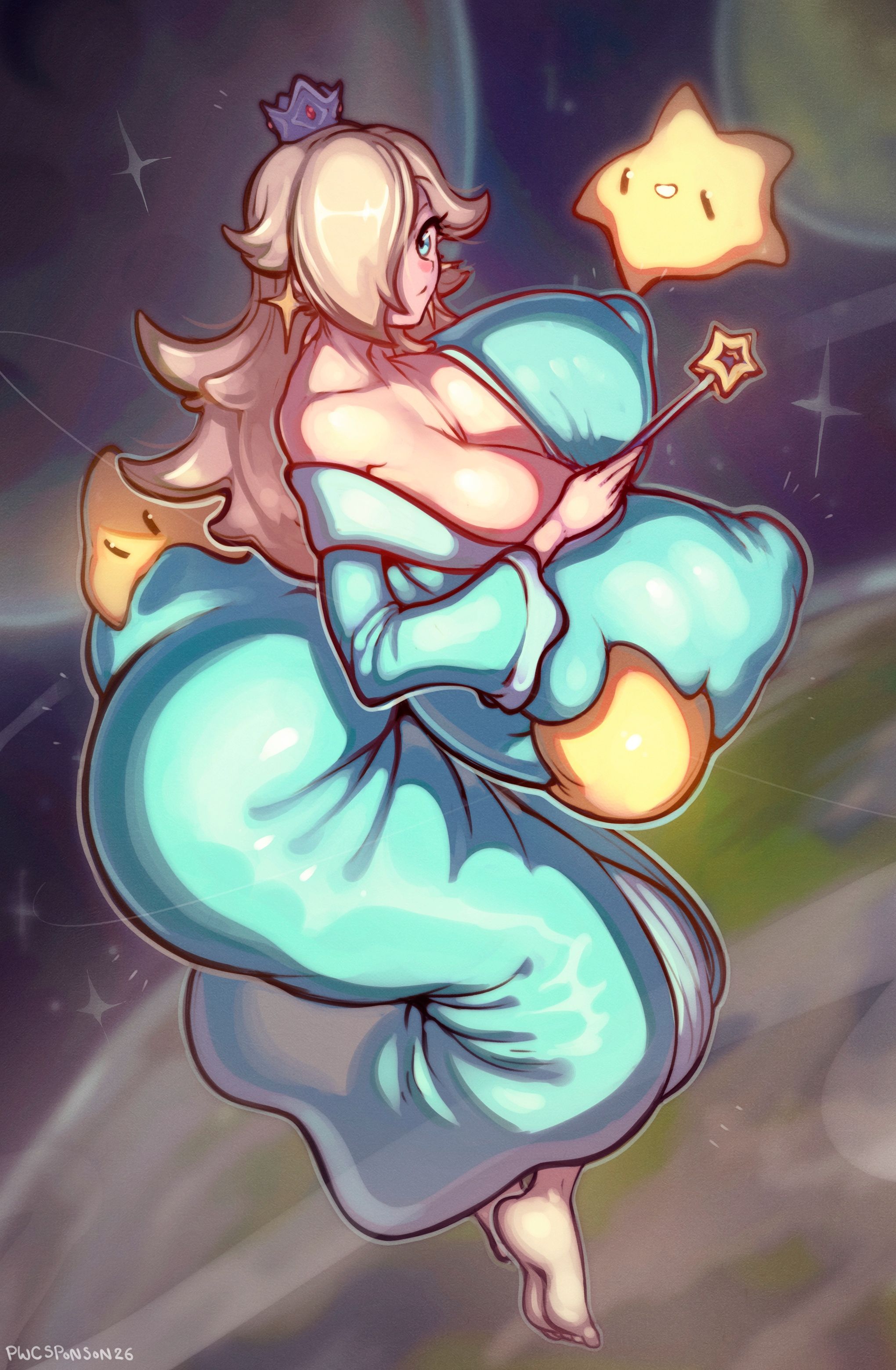 arched back, barefoot, crown, feet, floating, fondling ass, fondling breast, hyper ass, hyper breasts, luma, mario (series), nintendo, princess rosalina, pwcsponson, rosalina, rosalina (mario)