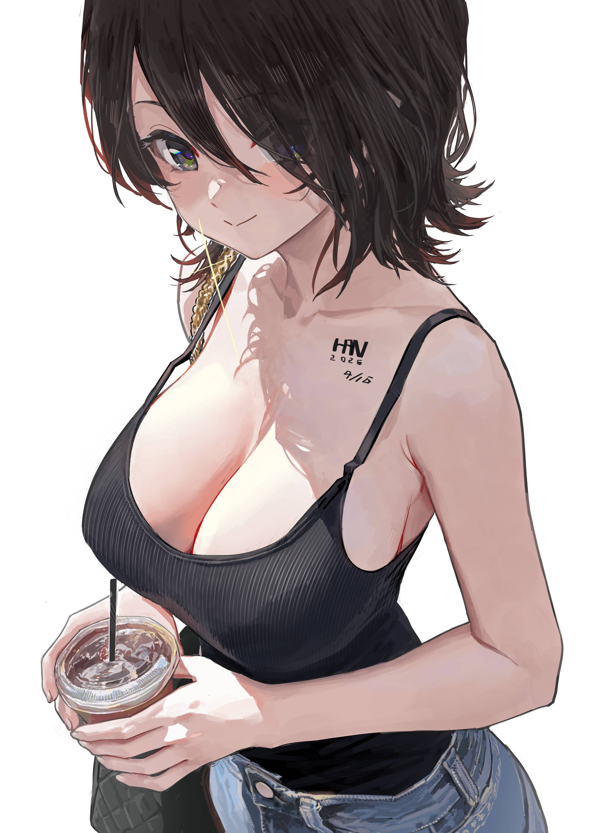 1girls, 2d, 2d (artwork), 2d artwork, above view, armpit, armpit crease, armpit peek, armpits, background, bare armpits, bare arms, bare chest, bare hands, bare shoulders, bare skin, big boobs, big breasts, black eyebrows, black hair, black tank top, black topwear, black-haired female, blank background, blue jeans, breasts, busty, busty female, busty girl, cleavage, closed mouth smile, collarbone, color, colored, dark hair, digital, digital art, digital drawing, digital drawing (artwork), digital media, digital media (artwork), drawing, drink, elbows, exposed arms, exposed chest, exposed shoulders, exposed skin, eyebrows, eyebrows visible through hair, eyes, female, female focus, female only, fingernails, fingers, from above, from above view, from side, green eyes, green-eyed female, hair, hair between eyes, hairless armpits, han-0v0, handbag, happy, head tilt, high angle, high angle view, high-angle shot, high-angle view, jeans, knees out of frame, large boobs, large breasts, lean figure, leg out of frame, legs out of frame, looking at viewer, looking sideways, looking to the side, looking up, looking up at viewer, lower body out of frame, medium hair, monotone background, narrow waist, nipple bulge, oc, one color background, original, original art, original artwork, original character, original female character, plain background, portrait, sfw, shaved armpits, shoulders, side view, slender body, slender waist, slim female, slim waist, smile, smiley face, smiling, smiling at viewer, solid color background, solo, standing, tank top, thighs out of frame, three quarter view, three-quarter view, tilted head, top view, topwear, upper body, white background