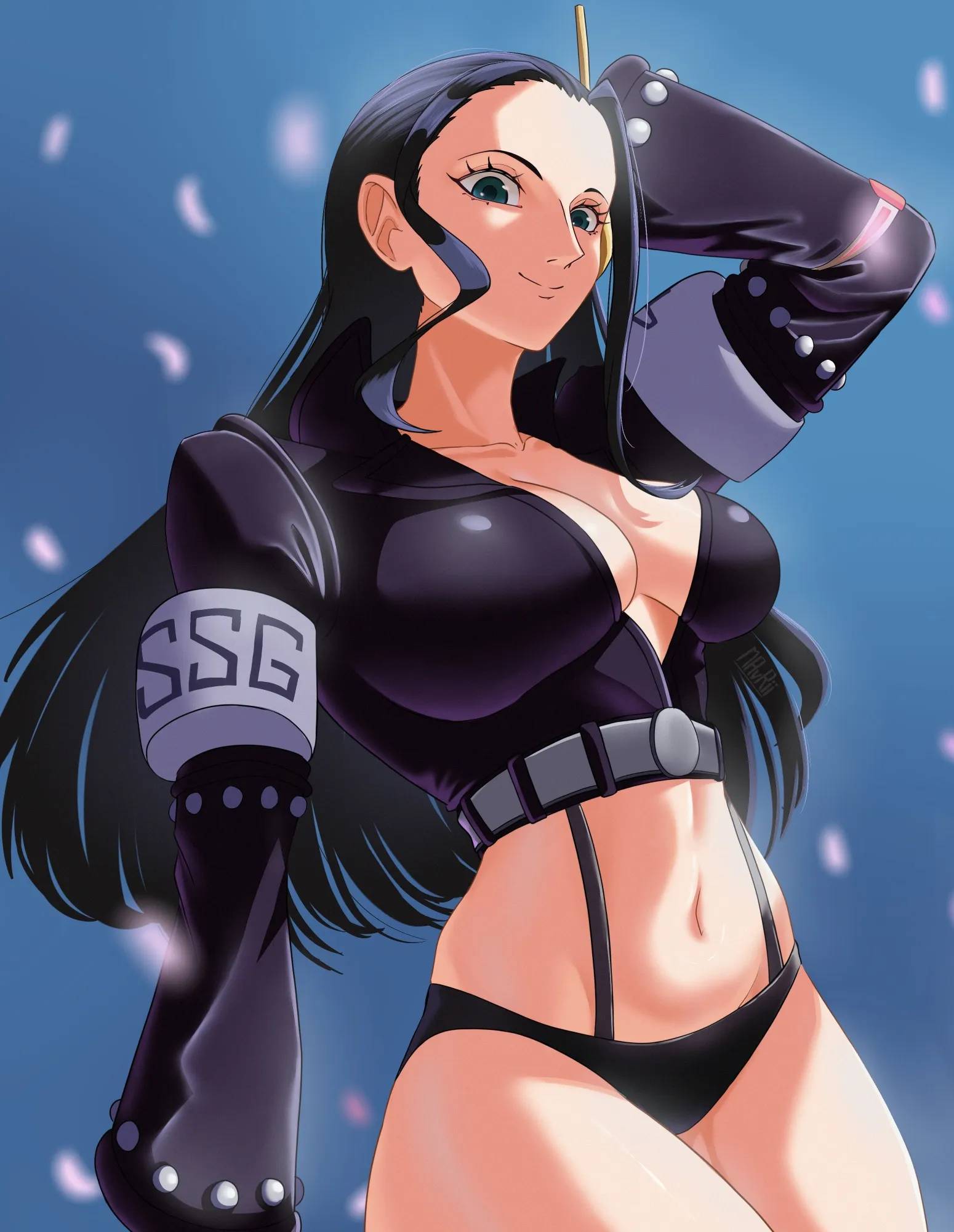 1girls, 2d, 2d (artwork), 2d artwork, adult, adult female, anime, anime character, anime girl, archeologist, arm behind head, armband, background, bare belly, bare chest, bare hips, bare legs, bare navel, bare skin, bare thighs, belly, belly button, below view, big boobs, big breasts, black bottomwear, black coat, black eyebrows, black hair, black jacket, black panties, black underwear, black-haired female, blue background, blue eyes, blue-eyed female, bottomwear, breasts, busty, busty female, busty girl, cleavage, closed mouth smile, coat, collarbone, color, colored, cowboy shot, curvaceous, curvaceous body, curvaceous female, curvaceous figure, curvaceous hips, curvaceous thighs, curvy, curvy body, curvy female, curvy figure, curvy hips, curvy thighs, dark hair, digital, digital art, digital drawing, digital drawing (artwork), digital media, digital media (artwork), down angle, drawing, exposed belly, exposed chest, exposed hips, exposed legs, exposed navel, exposed skin, exposed thighs, eyebrows, eyes, fanart, female, female focus, female only, fit female, from below, from below view, from front, front view, groin, hair, hand behind head, head tilt, headset, hips, hourglass figure, inframammary fold, jacket, large boobs, large breasts, lean figure, leg out of frame, legs out of frame, light smile, linea alba, long hair, looking at viewer, looking down, looking down at viewer, low angle, low angle view, low-angle shot, low-angle view, manga character, mature, mature female, mature woman, mavrii, midriff, monotone background, narrow waist, navel, nico robin, one color background, one piece, one piece: egghead arc, panties, plain background, portrait, post-timeskip, shonen jump, shoulders, shueisha, slender body, slender waist, slight smile, slim female, slim waist, smile, smiley face, smiling, smiling at viewer, solo, standing, stomach, thick thighs, thighs, tilted head, toei animation, toned, toned belly, toned body, toned female, top view, under view, underwear, upper body, voluptuous, voluptuous body, voluptuous female, voluptuous figure, voluptuous woman, weekly shonen jump, wide hips, woman