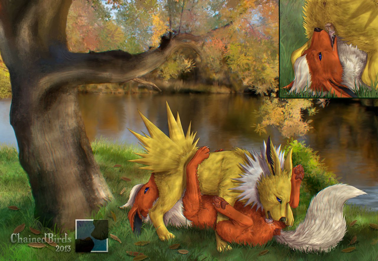 69 2013 69_position blue_eyes chainedbirds eeveelution feral flareon fur interspecies jolteon nintendo orange_fur outside paws pokemon pokemon_(species) quadruped sex tagme tree white_fur yellow_fur yuri