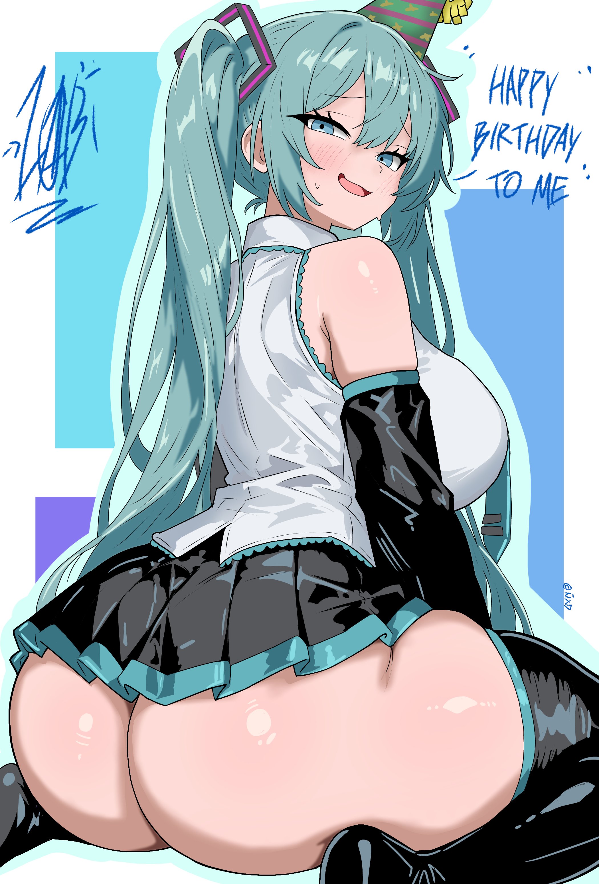 1girl, absurdres, alternate ass size (larger), alternate breast size (larger), aqua eyes, aqua hair, ass, ass focus, bare shoulders, blush, boots, breasts, commentary, detached sleeves, drawlab33t, english commentary, english text, eyelashes, frilled shirt, frills, from behind, hair between eyes, hair ornament, happy birthday, hat, hatsune miku, hatsune miku (original), highres, huge ass, huge breasts, long hair, looking at viewer, looking back, microskirt, no panties, open mouth, party hat, pleated skirt, shirt, signature, simple background, sitting, skirt, sleeveless, sleeveless shirt, solo, sweatdrop, thick thighs, thigh boots, thighs, twintails, very long hair, vocaloid, wariza, white shirt
