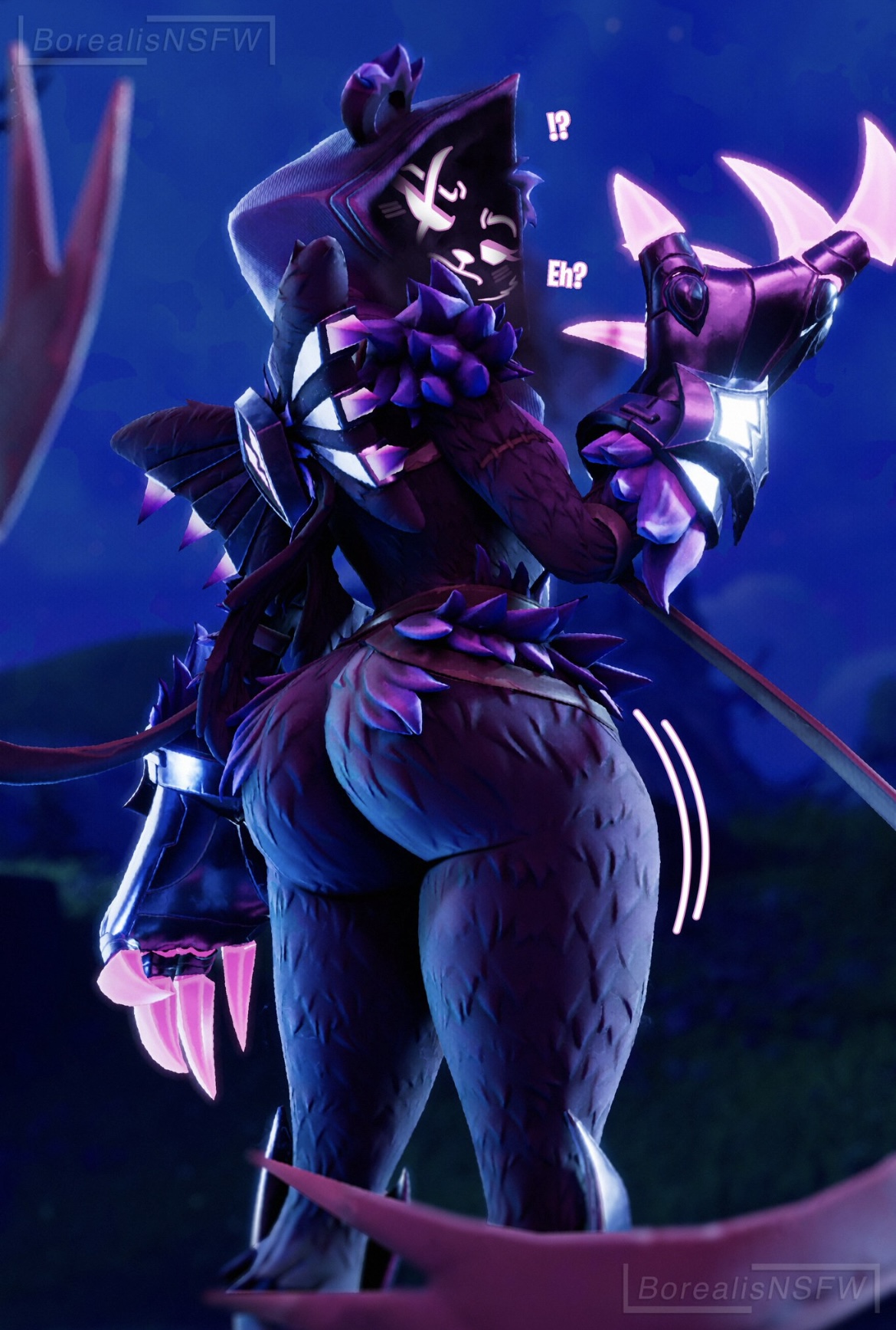 1girls, 3d, anthro, ass focus, bear, bear ears, bear girl, big ass, blender, borealisnsfw, claws, confused, fortnite, hood, huge ass, looking over shoulder, purple body, purple fur, raven team leader, thick thighs