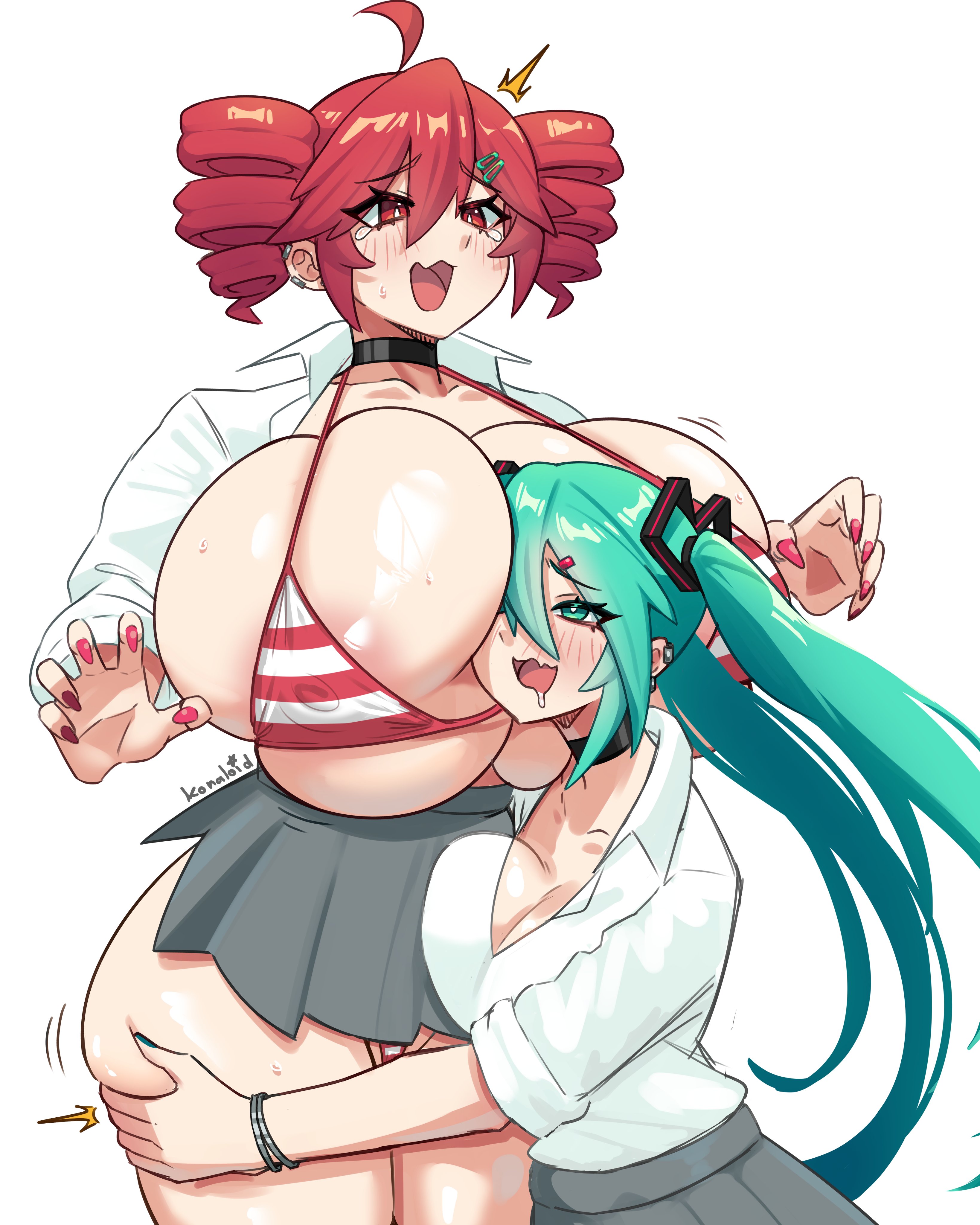 2026, 2d, 2d (artwork), 2girls, absurd res, absurdres, areola, areola slip, areolae, areolae slip, big breasts, bikini, bikini top, blue hair, bra, breasts bigger than head, breasts out, clothed, clothed female, clothing, drill hair, duo, female, female only, female/female, gigantic breasts, hatsune miku, hi res, highres, huge breasts, kasane teto, konaloid, large breasts, long hair, medium hair, red hair, school uniform, schoolgirl, schoolgirl uniform, skimpy, skimpy clothes, straight hair, tied hair, twintails, very long hair, vocaloid, voluptuous, voluptuous female, yuri
