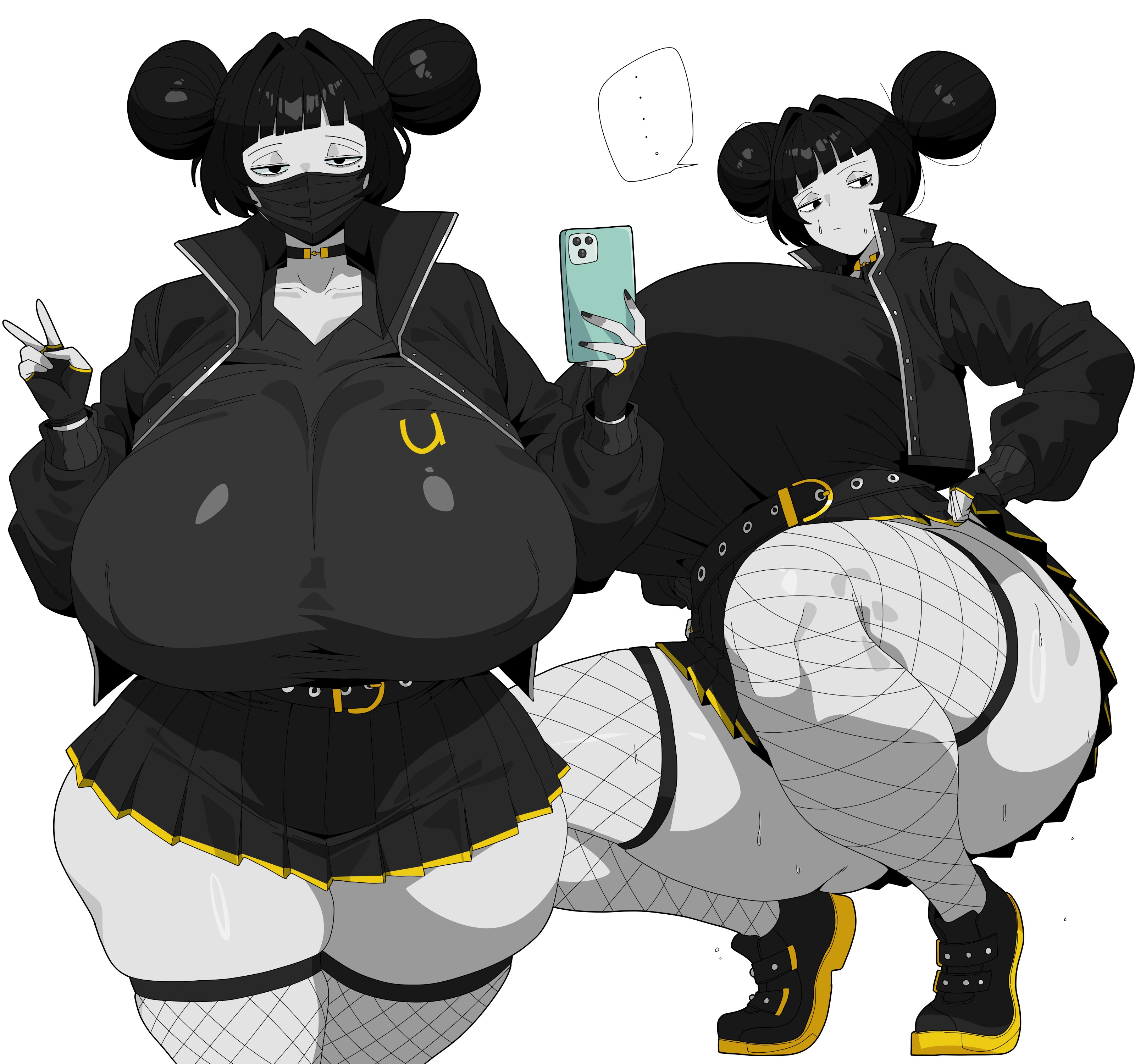 ..., absurdres, amx1375, ass, belt, black belt, black eyes, black hair, black jacket, black shirt, black skirt, breasts, cleavage, collar, collarbone, colored skin, covered erect nipples, female, female only, fishnet thighhighs, fishnets, grey skin, hair bun, half-closed eyes, highres, holding, holding phone, jacket, large breasts, mask, mouth mask, original, phone, shirt, shoes, short hair, skirt, sneakers, squatting, sweat, thick thighs, thighhighs, thighs, uber eats, v, wide hips