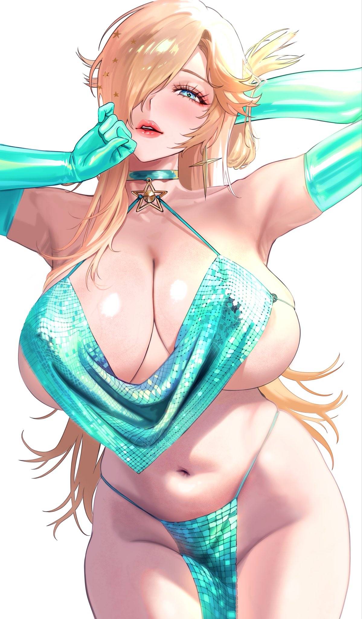 1girls, 2d, blonde, blonde female, blonde hair, blonde-haired female, blue eyes, breasts, breasts bigger than head, busty, choker, female, female focus, female only, front view, hair over one eye, human, human focus, human only, light skin, light-skinned female, long hair, long-hair, long-haired, long-haired female, looking at viewer, mario (series), mature, mature female, mature woman, nintendo, pelvic curtain, princess rosalina, simple background, solo, solo female, solo focus, super nava, tagme, teal clothing, thick thighs, thighs, white background, wide hips, wide thighs