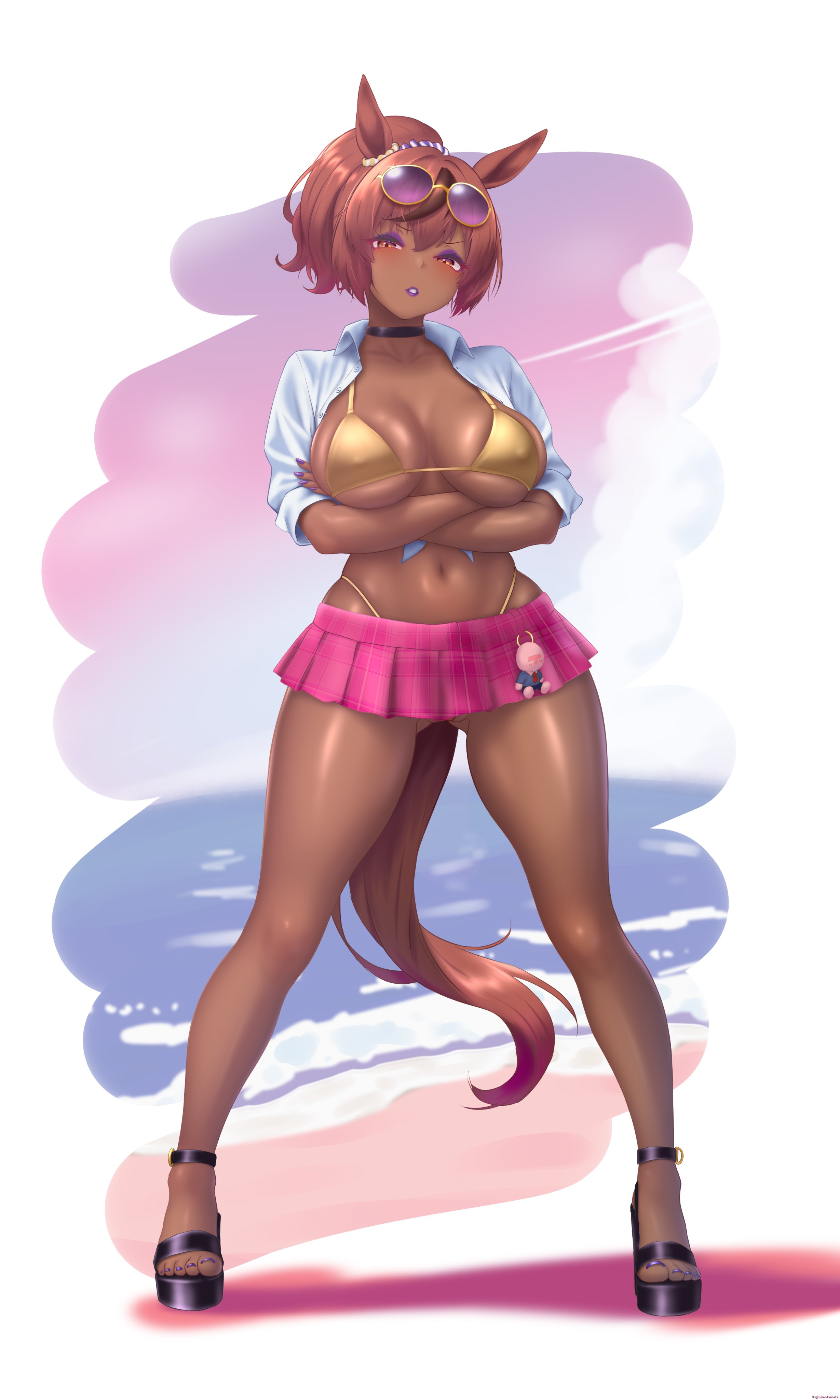 1girl, 1girls, black choker, brown eyes, brown hair, cleavage, crossed arms, dark skin, dark-skinned female, female, full body, gold bikini, gyaru, horse ears, horse girl, horse tail, large breasts, legs apart, microskirt, navel, neko4xmata (mao zhuo), original character, pink skirt, platform heels, ponytail, solo, standing, stomach, sunglasses, sunglasses on head, tan skin, tanned female, tanned skin, thick thighs, thighs, umamusume, umamusume pretty derby, white shirt