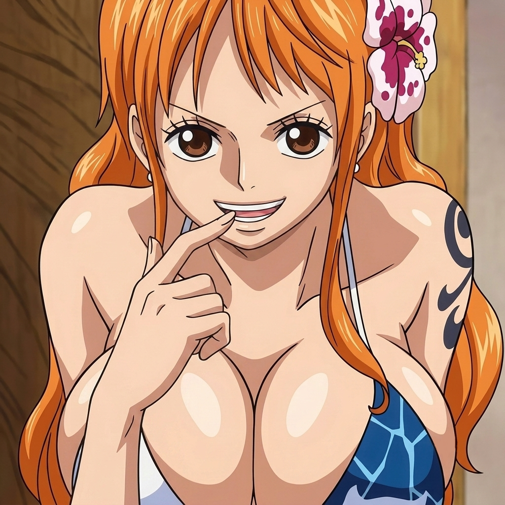 1girls, arm tattoo, big breasts, bikini, bikini top, blue tattoo, boobs, breasts, breasts bigger than head, female, female only, finger in mouth, flower in hair, huge breasts, looking at viewer, nami (one piece), one piece, one piece film gold, orange hair, orange-haired female, seductive, seductive look, seductive smile, sexy, sexy female, solo, tattoo, tattoo on arm
