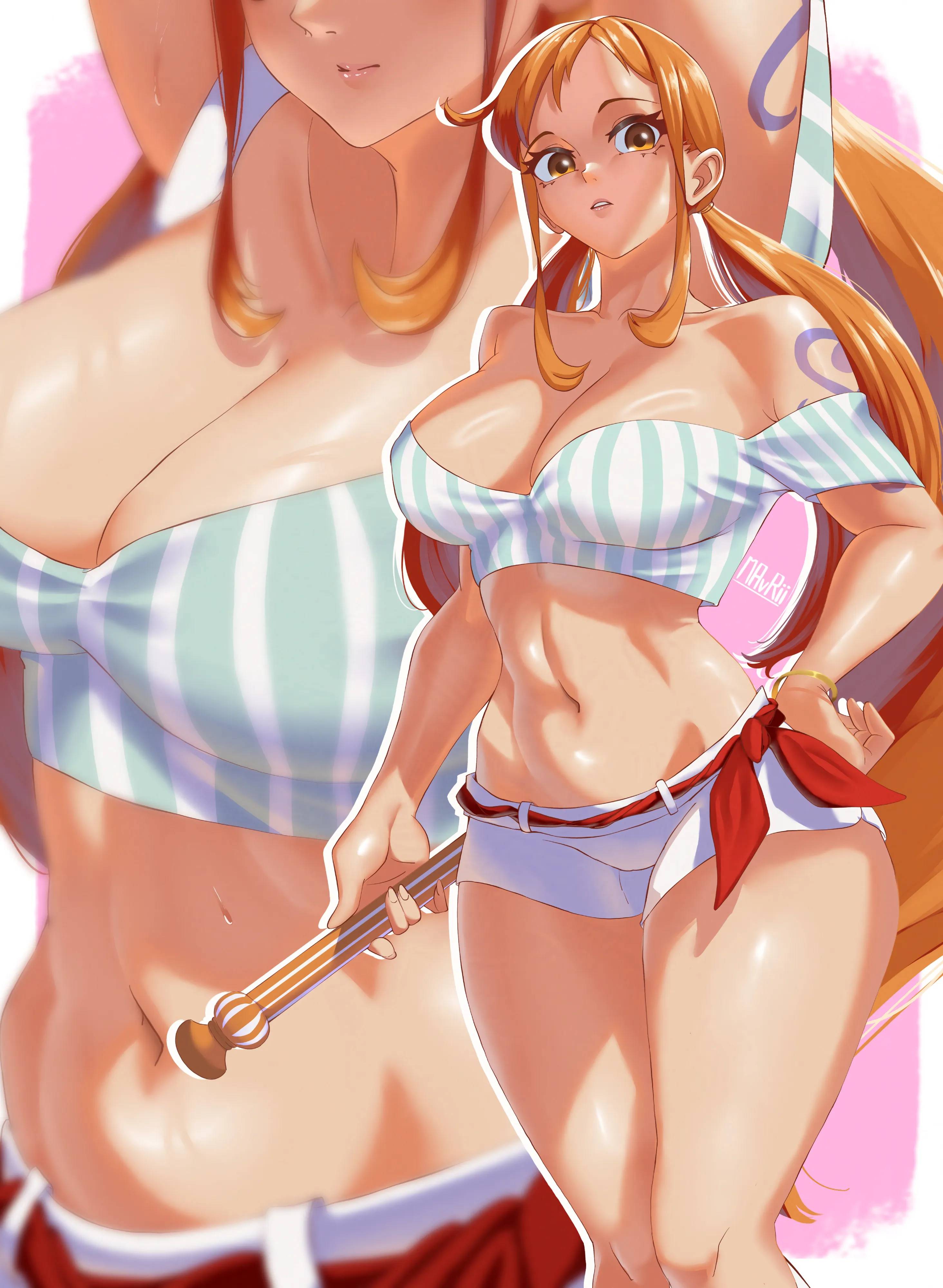 1girls, 2d, 2d (artwork), 2d artwork, adult, adult female, alternate angle, alternate view, alternative hairstyle, anime, anime character, anime girl, arm above head, arm tattoo, arm up, arms above head, arms up, background, baddie, belly, belly bulge, belly button, below view, bewitching thighs, big boobs, big breasts, blue tattoo, bluesky link, boobs close-up, bottomwear, bracelet, bracelets, breast shot, breasts, breasts close-up, bsky link, busty, busty female, busty girl, child bearing hips, cleavage, close up view, close view, closeup shot, closeup view, collarbone, color, colored, cowboy shot, curvaceous, curvaceous body, curvaceous female, curvaceous figure, curvaceous hips, curvaceous thighs, curvy, curvy body, curvy female, curvy figure, curvy hips, curvy thighs, different angle, different hair style, digital, digital art, digital drawing, digital drawing (artwork), digital media, digital media (artwork), down angle, drawing, elbows, eyes, fanart, feet out of frame, female, female focus, female only, female protagonist, fertile, fertile hips, fingers, fit female, foot out of frame, from below, from below view, from front, front view, ginger, ginger hair, glistening arms, glistening belly, glistening boobs, glistening breasts, glistening hair, glistening legs, glistening shoulders, glistening skin, glistening thighs, glossy breasts, glossy hair, groin, hand above head, hand on hip, hand on own hip, hand up, hands above head, hands up, hips, hourglass figure, inframammary fold, inguinal crease, inguinal ligament, large boobs, large breasts, lascivious, lean figure, legs closed, legs together, linea alba, long hair, looking at viewer, looking down, looking down at viewer, low angle, low angle view, low-angle shot, low-angle view, lower body out of frame, main character, manga character, mature, mature female, mature woman, mavrii, midriff, monotone background, multiple views, nami (one piece), narrow waist, navel, one color background, one piece, orange eyebrows, orange eyes, orange hair, orange hair female, orange-eyed female, orange-haired female, pink background, plain background, portrait, post-timeskip, protagonist, sexy female, shiny arms, shiny belly, shiny breasts, shiny hair, shiny legs, shiny shoulders, shiny skin, shiny thighs, shonen jump, shorts, shoulders, shueisha, sidelocks, slender body, slender waist, slim female, slim waist, solo, staff, standing, stomach, stomach bulge, tattoo, tattoo on arm, tattoo on arms, tattooed, tattooed arm, tattooed arms, tattooed female, tattooed girl, thick thighs, thighs, thighs together, tied hair, toei animation, toned, toned belly, toned body, toned female, top view, torso shot, touching hip, twintails, twintails (hairstyle), under view, upper body, voluptuous, voluptuous body, voluptuous female, voluptuous figure, voluptuous woman, waifu, weekly shonen jump, white bottomwear, white shorts, wide hips, woman, zoomed view