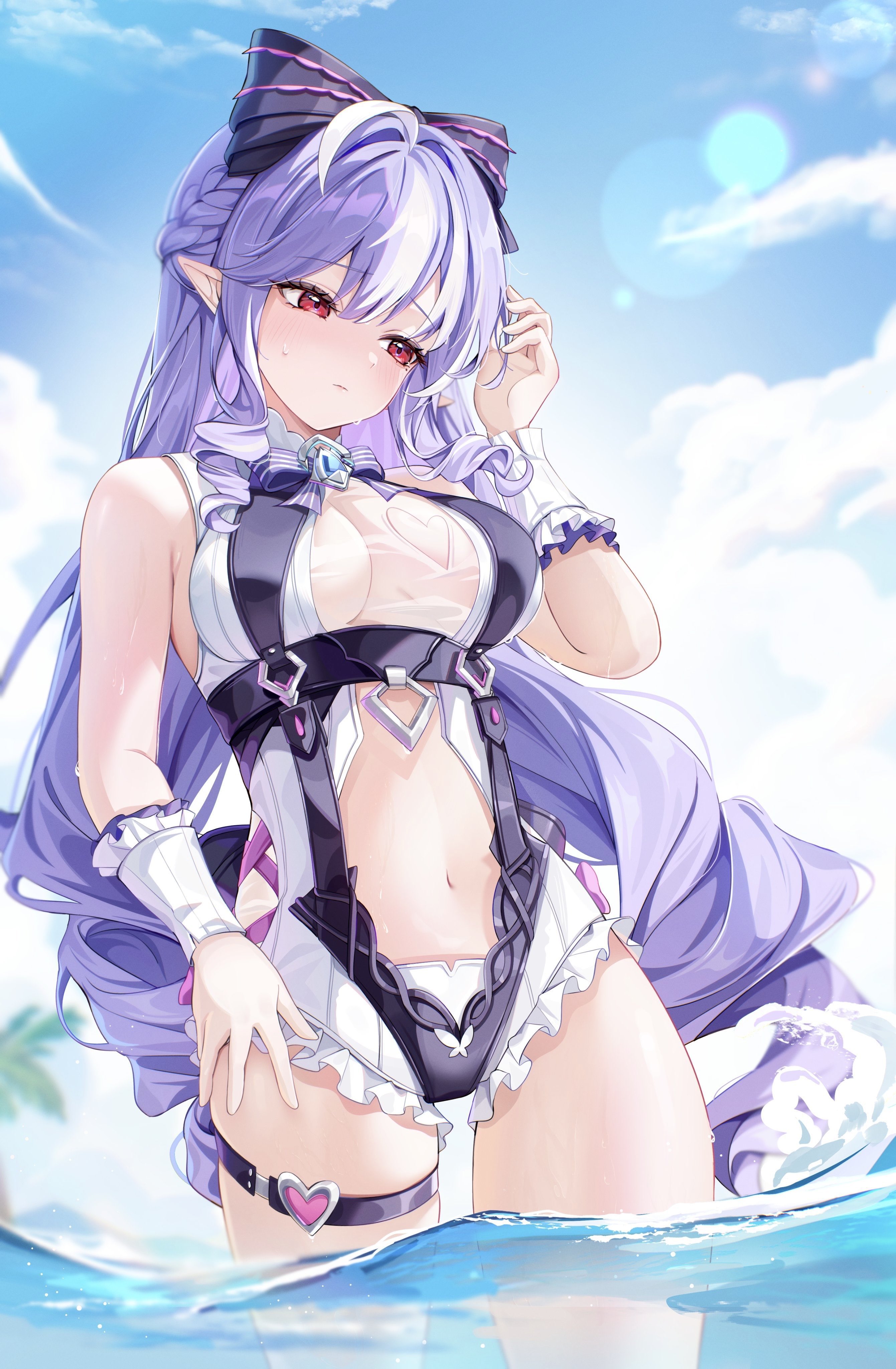 1girls, breasts, cameltoe, colored nails, drill hair, exposed breasts, female, female focus, female only, high heels, hoyoverse, long hair, long nails, mihoyo, official alternate costume, painted nails, painted toenails, purple hair, purple nails, red eyes, solo, solo female, swimsuit, vivian banshee, vivian banshee (iris of the shore), white swimsuit, zenless zone zero