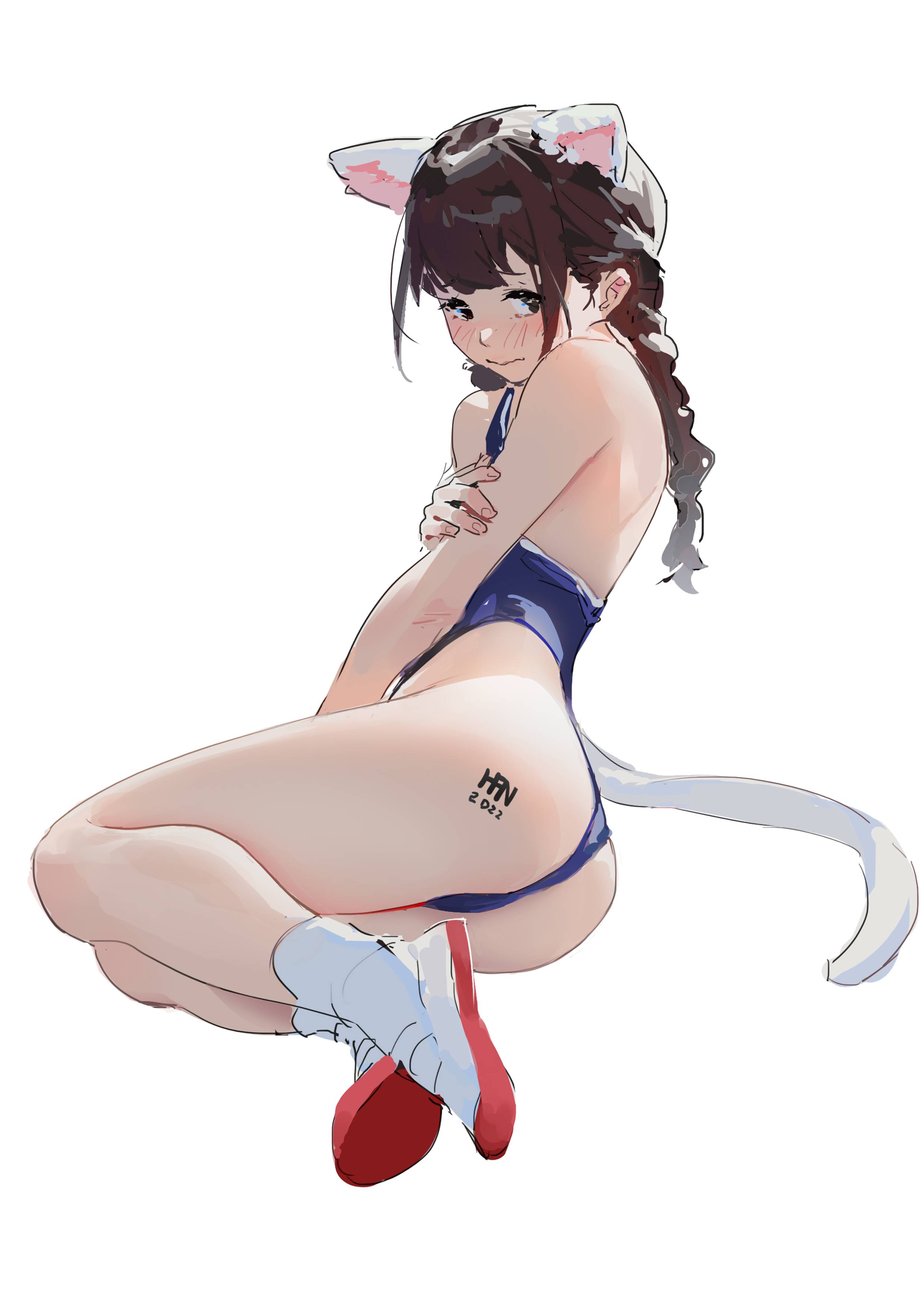 ///, 1girls, 2d, 2d (artwork), 2d artwork, animal ear fluff, animal ears, animal tail, ass, ass tattoo, background, bikini, black tattoo, blank background, blue bikini, blue one-piece swimsuit, blue swimsuit, blue swimwear, blush face, blush lines, blushing, blushing at viewer, blushing female, blushing lines, braid, braided hair, braided ponytail, braids, brown eyebrows, brown eyes, brown hair, brown-eyed female, brown-haired female, brunette, brunette female, brunette hair, brunette-haired female, butt tattoo, calves, cat ears, cat girl, cat tail, catgirl, color, colored, digital, digital art, digital drawing, digital drawing (artwork), digital media, digital media (artwork), drawing, elbows, embarrassed, embarrassed expression, embarrassed female, eye-level view, eyebrows, eyes, female, female focus, female only, fingernails, fingers, flushed, flushed cheeks, flushed face, flustered, flustered female, footwear, from side, full body, full body view, groin, hair, han-0v0, hand on arm, hand on own arm, head tilt, hips, knees, lean figure, legs, long hair, looking at viewer, monotone background, narrow waist, nervous, nervous expression, nervous face, nervous female, oc, one color background, one-piece swimsuit, original, original art, original artwork, original character, original female character, plain background, ponytail, portrait, school swimsuit, shoes, shoulders, shy, shy expression, shy female, shy girl, side view, sidelocks, single braid, slender body, slender waist, slim female, slim waist, solid color background, solo, sukumizu, swimsuit, swimwear, tail, tattoo, tattoo on ass, tattoo on butt, tattooed, tattooed ass, tattooed booty, tattooed butt, tattooed female, tattooed girl, thighs, tied hair, tilted head, touching arm, white background, white footwear, white shoes