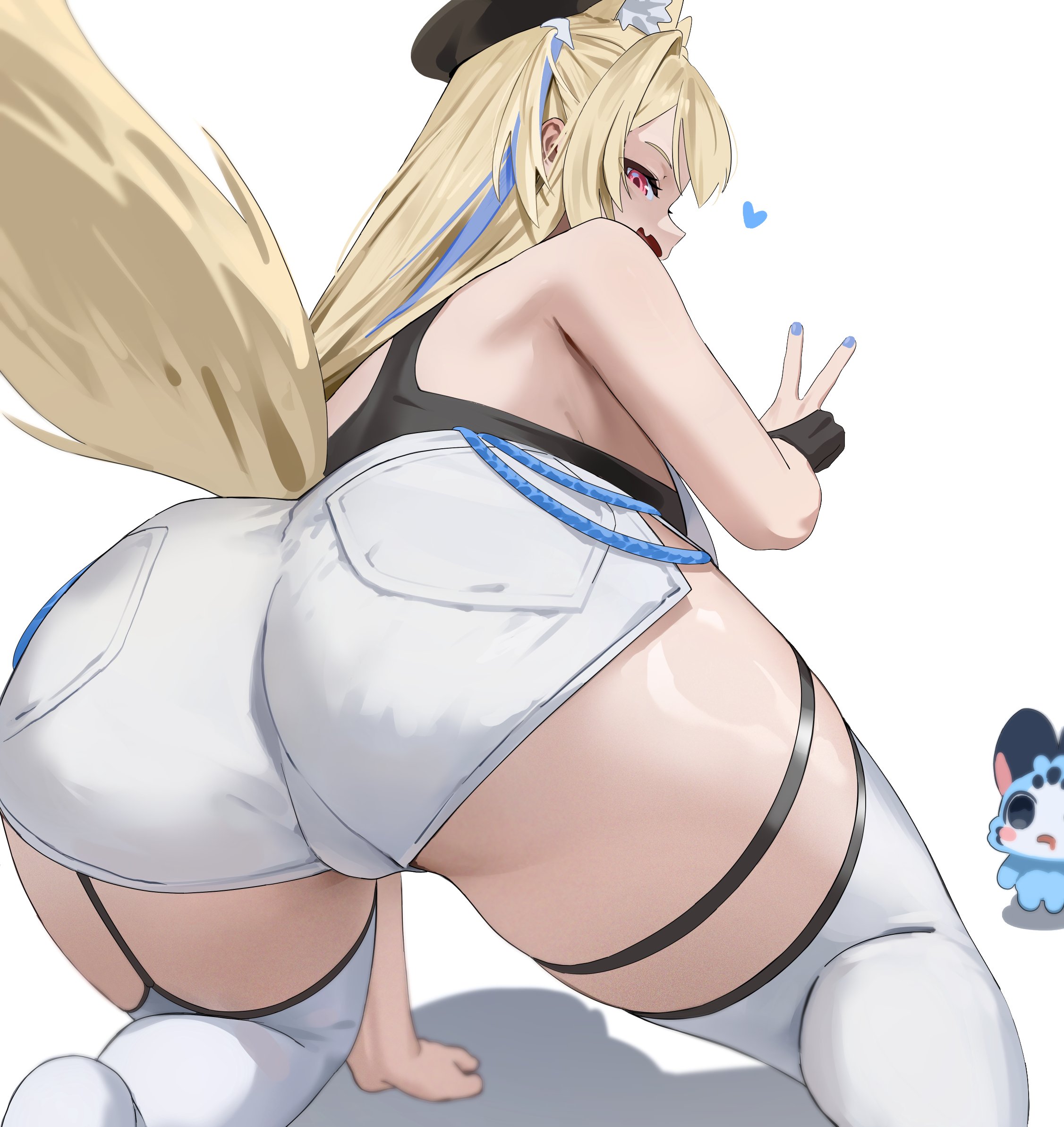 :d, all fours, arm support, ass focus, black topwear, blue nails, chattino (raora panthera), drool, fan mascot (vtuber), fang, fingerless gloves, from behind, fuwawa abyssgard, gurumie, heart, hololive, hololive english, huge ass, large breasts, legs apart, looking at another, looking back, skin fang, sleeveless, thighhigh socks, trefoil, v, virtual youtuber