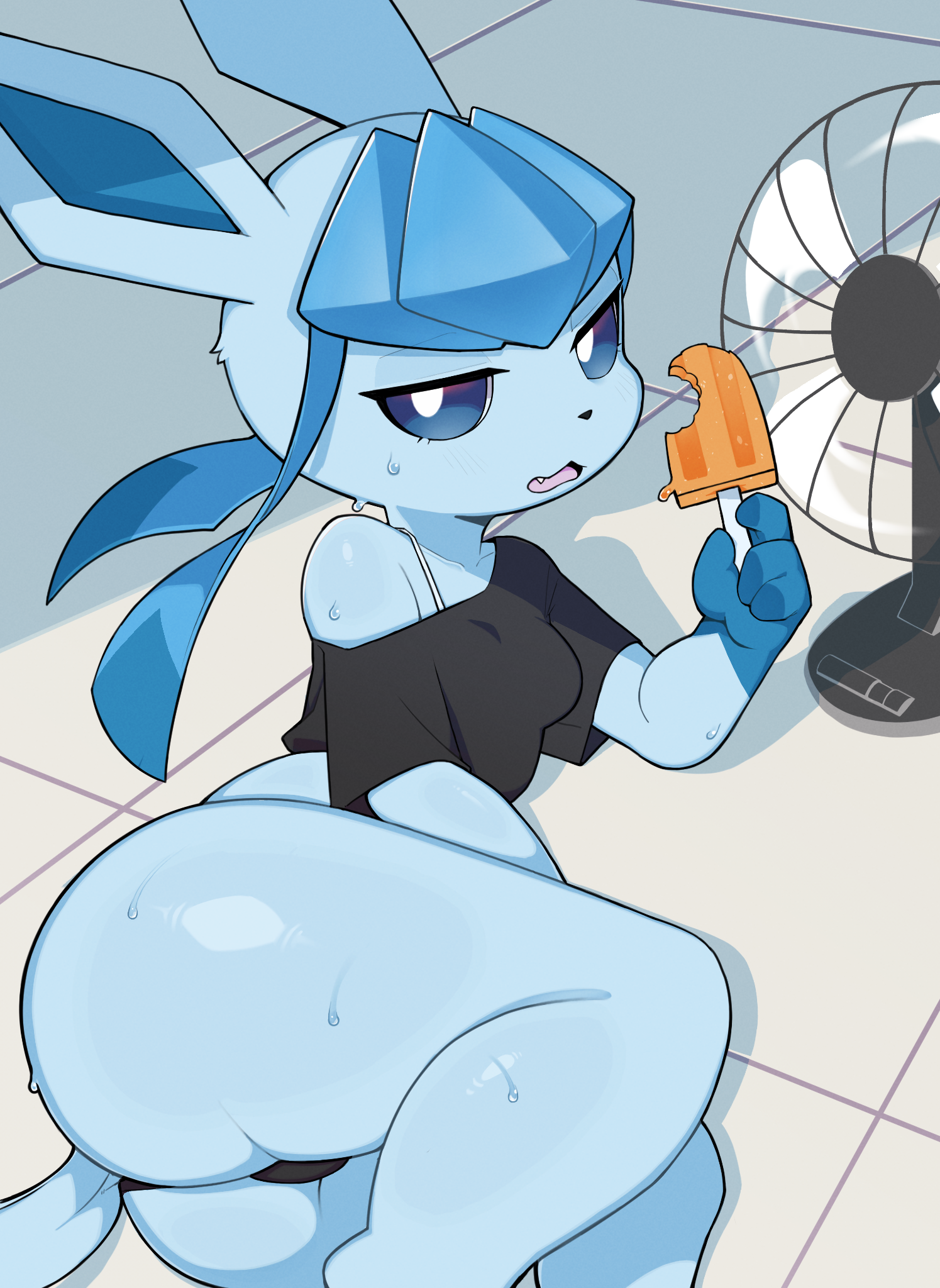 2026, 4 fingers, accessory, anthro, blue body, blue eyes, blue fur, blue hair, blush, bow ribbon, breasts, clothed, clothing, cloud, day, digital drawing (artwork), digital media (artwork), eeveelution, female, fingers, food, frilly, frilly clothing, frilly swimwear, fruit, fur, generation 4 pokemon, glaceon, hair, hair accessory, hair ribbon, hairbow, hi res, holding object, inflatable, light, light beam, litee, looking at viewer, nintendo, one-piece swimsuit, orange (fruit), outside, plant, pokemon, pokemon (species), pool toy, portrait, ribbons, seascape, shaded, shadow, sky, solo, standing, sunbeam, sunlight, swim ring, swimwear, tail, thick thighs, three-quarter portrait, water, wide hips