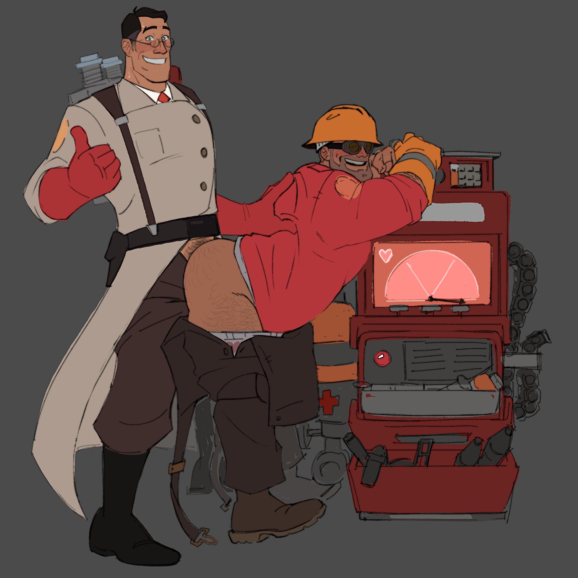2boys, anal, anal sex, belt, bent over, black boots, black hair, clothing, coat, dispenser, doctor, doggy style, duo, engineer (team fortress 2), fucked from behind, full body, gay, gay sex, glasses, gloves, goggles, hand on back, helmet, human, human on human, human only, ifyunoyuno, light skin, light-skinned male, looking at viewer, male, male only, male/male, mammal, mature, mature male, medic (team fortress 2), overalls, overalls down, pants, penis in anus, red gloves, red shirt, sex, shirt, short hair, smile, smiling at viewer, team fortress 2, thumbs up, white coat, yaoi, yellow gloves