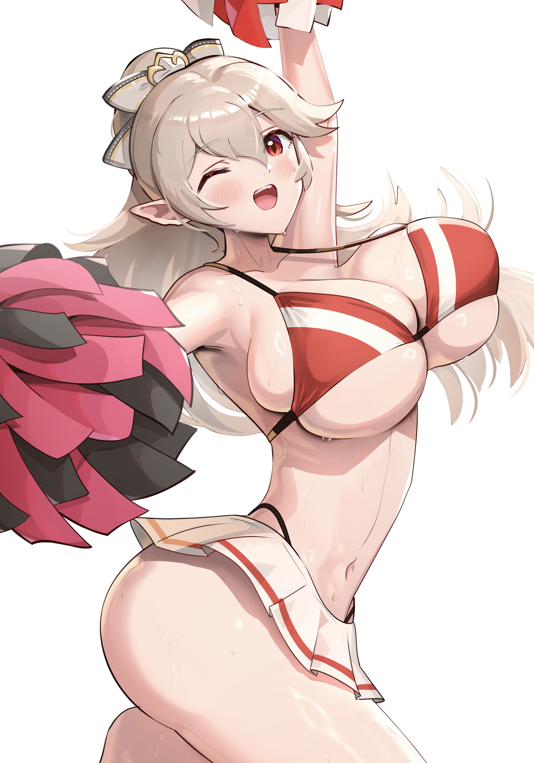 1girls, alternate costume, alternate hairstyle, ass, bikini top, blush, bow, breasts, cheerleader, cheerleader uniform, colored, corrin (fire emblem), corrin (fire emblem) (female), fire emblem, fire emblem fates, fire emblem heroes, gonzarez, huge breasts, intelligent systems, large ass, looking at viewer, midriff, navel, nintendo, pointy ears, pom poms, ponytail, red eyes, short skirt, skirt, smiling, smiling at viewer, sweat, sweating, tagme, thong, white hair