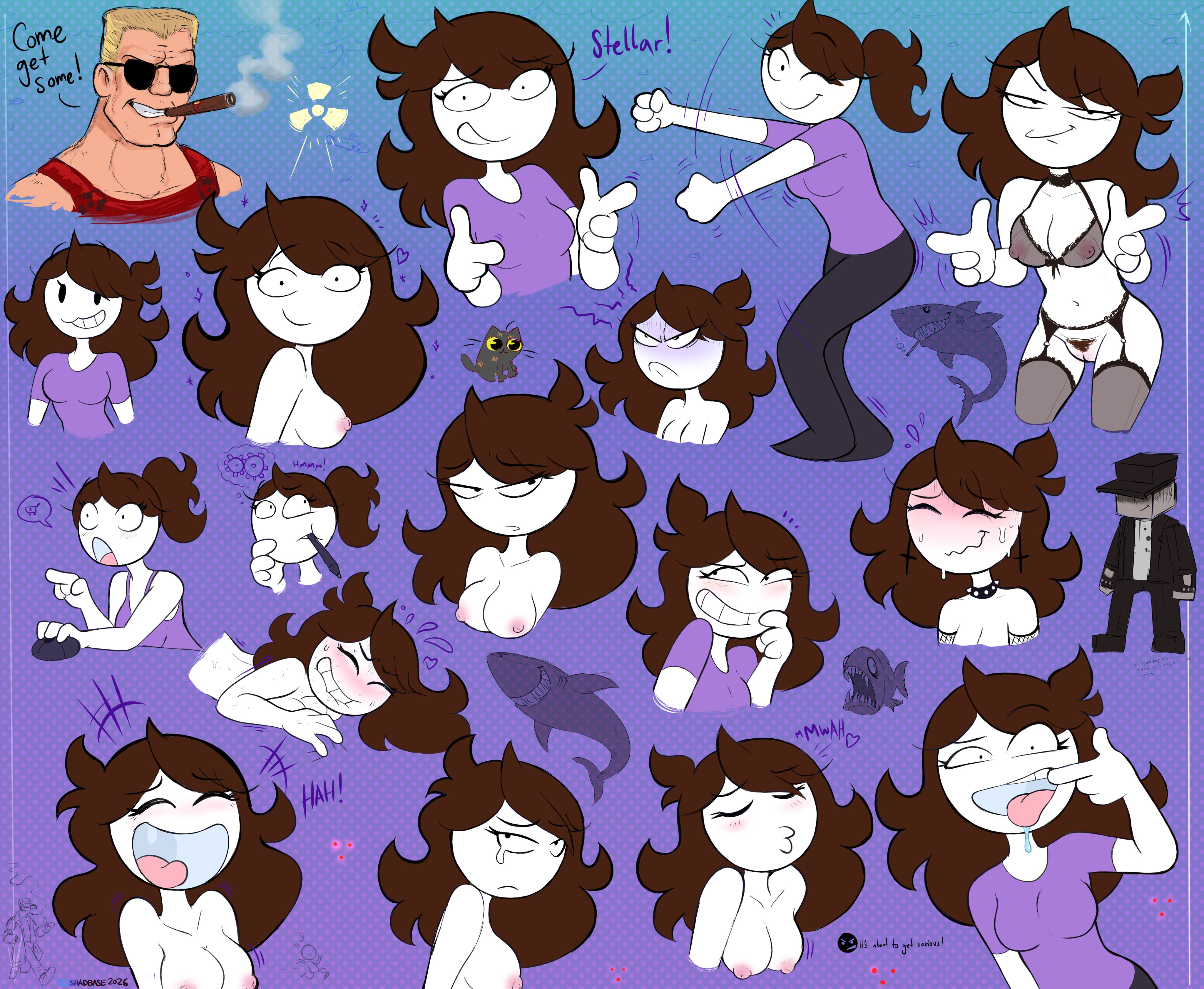 big breasts, breasts, breasts out, brown hair, duke nukem, duke nukem (series), hairy pussy, jaiden, jaiden animations, jaidenanimations, lustful gaze, naked, naked female, nude, nude female, shadman, tostada (jaidenanimations), white skin, youtube, youtuber