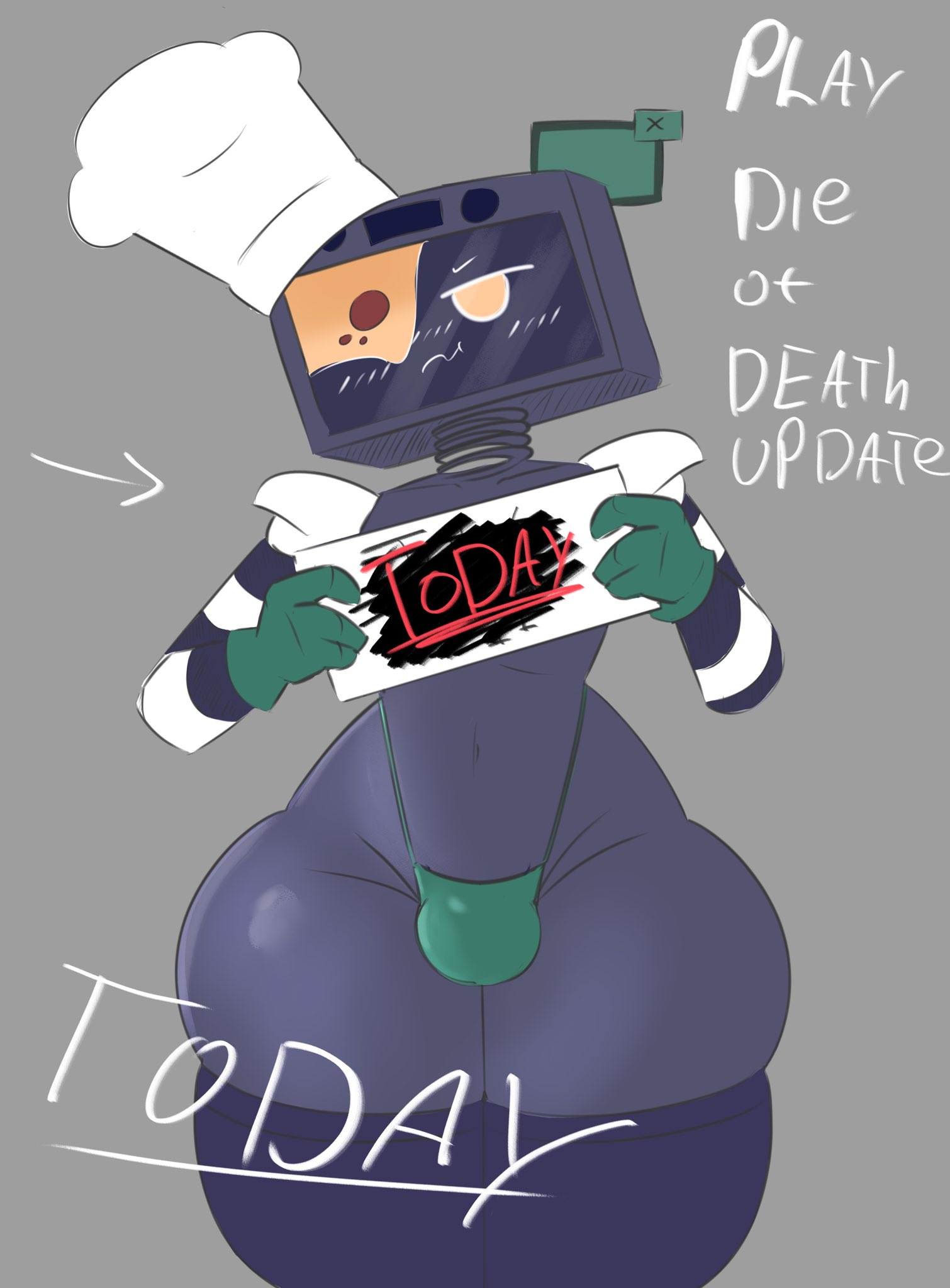 1boy, advertisement, buldge, chef hat, die of death (roblox), femboy, male, male only, muffinbot (die of death), pricklemelon, roblox, roblox game, self upload, tagme, thong bikini
