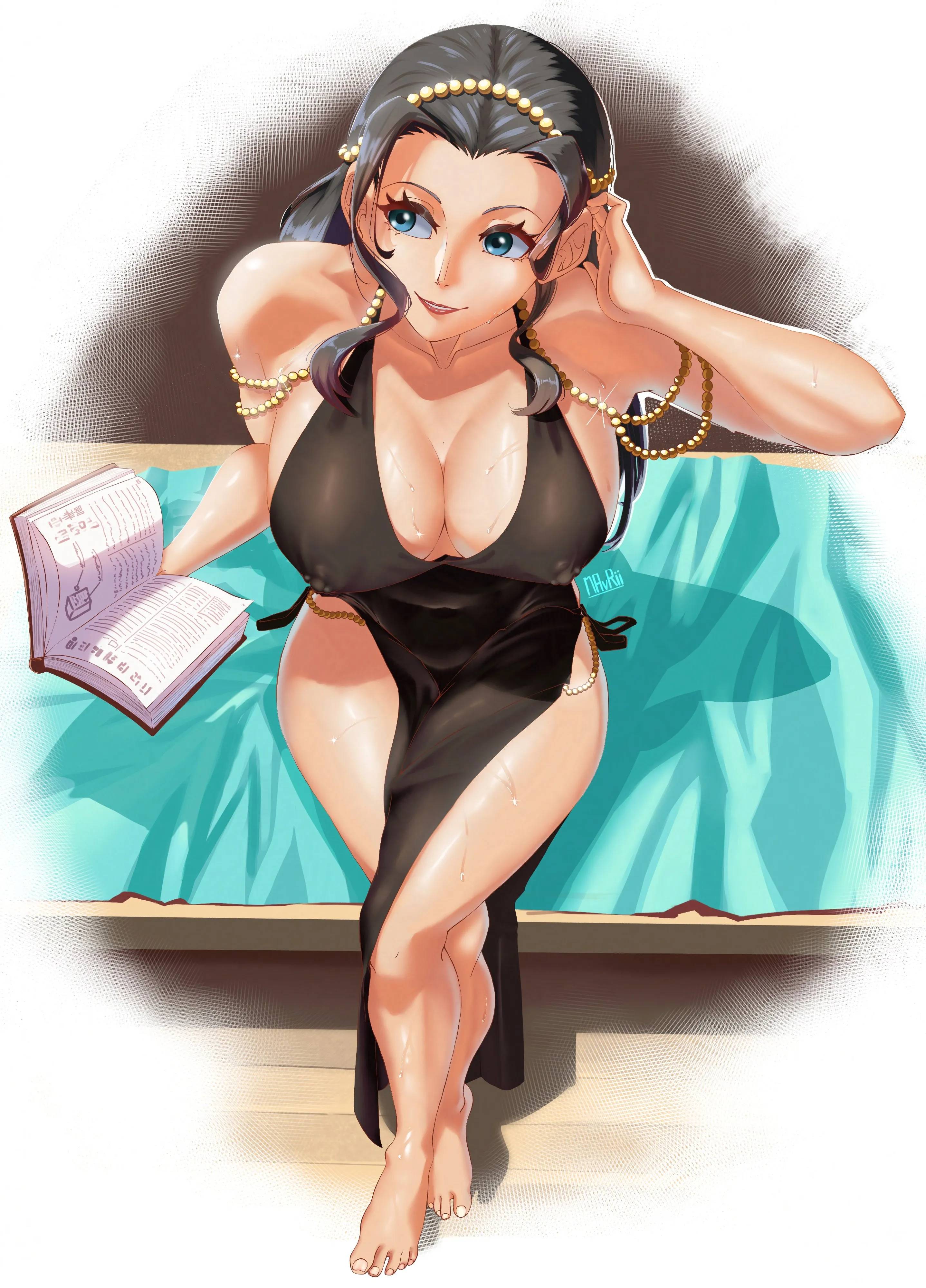 1girls, 2d, 2d (artwork), 2d artwork, above view, adjusting hair, adult, adult female, alternative hairstyle, anime, anime character, anime girl, ankles, armpit, armpit crease, armpit peek, armpits, bare armpits, bare arms, bare calves, bare chest, bare hands, bare hips, bare knees, bare shoulders, bare skin, bare thighs, bare toes, barefoot, belly, belly button, big boobs, big breasts, black clothes, black dress, black eyebrows, black hair, black outfit, black topwear, black-haired female, blue eyes, blue-eyed female, bluesky link, book, breasts, bsky link, busty, busty female, busty girl, calves, cleavage, clothes, collarbone, color, colored, crossed legs, crossed legs (sitting), curvaceous, curvaceous body, curvaceous female, curvaceous figure, curvaceous hips, curvy, curvy body, curvy female, curvy figure, curvy hips, dark hair, different hair style, digital, digital art, digital drawing, digital drawing (artwork), digital media, digital media (artwork), drawing, dress, elbows, exposed armpits, exposed arms, exposed chest, exposed hips, exposed shoulders, exposed skin, exposed thighs, exposed toes, eyebrows, eyes, fanart, feet, female, female focus, female only, fingers, from above, from above view, from front, front view, full body, full body view, groin, hair, hairless armpits, head tilt, high angle, high angle view, high-angle shot, high-angle view, hips, hourglass figure, indoor, indoor background, indoors, interior background, jewelry, knees, large boobs, large breasts, lean figure, legs, legs crossed, lip gloss, lips, lipstick, long hair, manga character, mature, mature female, mature woman, mavrii, midriff, narrow waist, navel, nico robin, nipple bulge, no shoes, one piece, outfit, overhead view, parted lips, portrait, posing, posing for the viewer, post-timeskip, red lips, red lipstick, shaved armpits, shonen jump, shoulders, shueisha, sitting, slender body, slender waist, slim female, slim waist, smile, smiley face, smiling, solo, thighs, tight clothes, tight dress, tight outfit, tight topwear, tilted head, toei animation, toes, top down view, topwear, voluptuous, voluptuous body, voluptuous female, voluptuous figure, voluptuous woman, watson cross, weekly shonen jump, wide hips, woman
