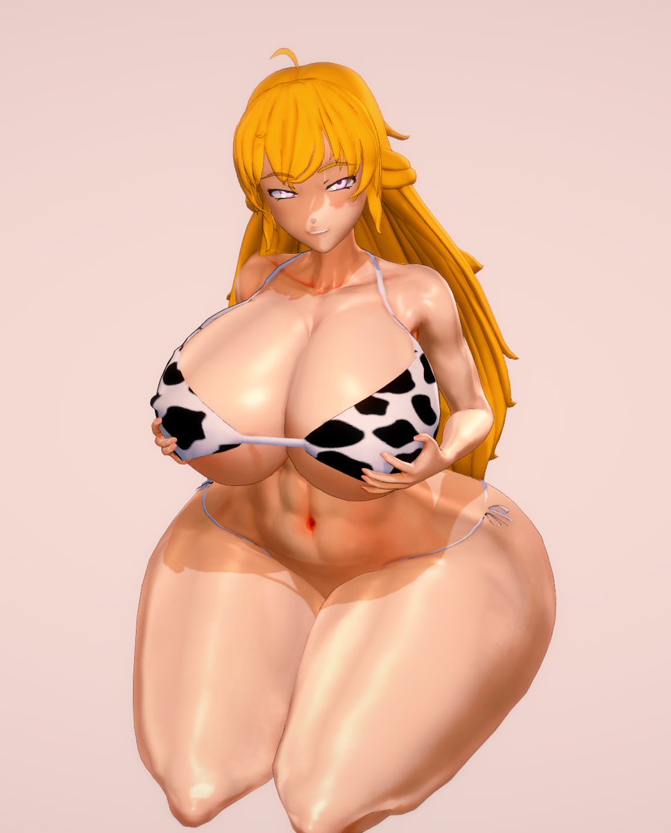 1girls, cow print, cow print bikini, cow print bikini top, half naked, half naked female, half-dressed, huge breasts, long hair, long hair female, morepolygons11, purple eyes, rwby, solo female, thighs, yang xiao long