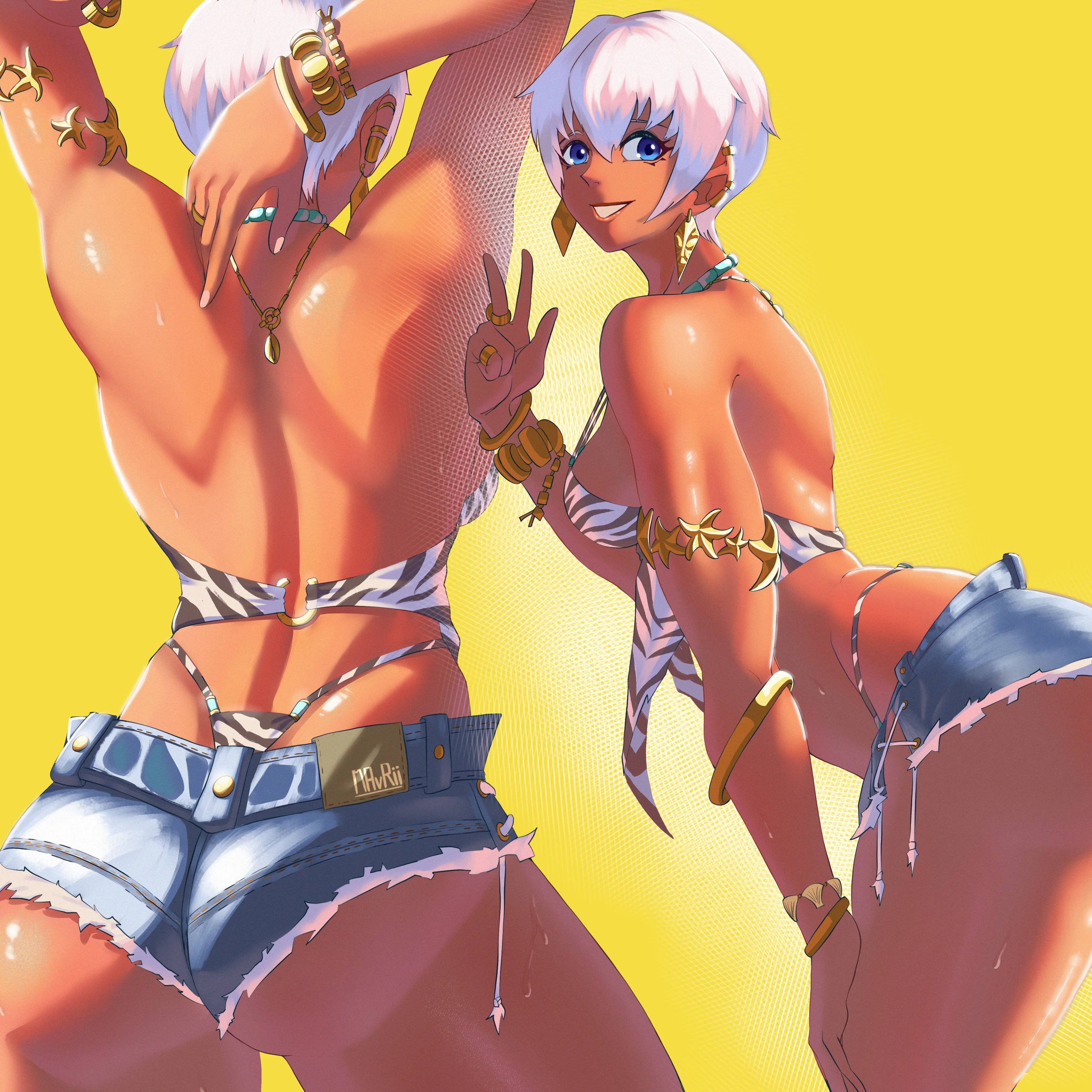 1:1, 1:1 aspect ratio, 1girls, 2d, 2d (artwork), 2d artwork, adult, adult female, alternate angle, alternate view, ass, ass cleavage, ass crack, back, back shot, back view, background, bare armpits, bare arms, bare back, bare belly, bare chest, bare hands, bare hips, bare legs, bare shoulders, bare skin, bare thighs, behind view, below view, bent forward, bent over, big boobs, big breasts, bikini, bikini bottom, bikini top, black bikini, black bikini bottom, black bikini top, black swimsuit, black swimwear, blue bottomwear, blue eyes, blue shorts, blue-eyed female, bluesky link, bottomwear, breasts, brown belly, brown body, brown boobs, brown breasts, brown face, brown female, brown legs, brown lips, brown skin, brown skinned female, brown-skinned female, bsky link, busty, busty female, busty girl, butt, color, colored, different angle, digital, digital art, digital drawing, digital drawing (artwork), digital media, digital media (artwork), down angle, drawing, earrings, elbows, elena (street fighter), exposed armpits, exposed arms, exposed back, exposed belly, exposed chest, exposed hips, exposed legs, exposed shoulders, exposed skin, exposed thighs, eye-level view, eyebrows, eyes, female, female focus, female only, fingernails, fingers, from back, from behind, from behind angle, from behind view, from below, from below view, from side, gluteal fold, groin, hair, hair between eyes, halterneck, hand on back, hand on leg, hand on own back, hand on own leg, hand on own thigh, hand on thigh, happy, hips, hourglass figure, jean shorts, large boobs, large breasts, lean figure, leaning, leaning forward, leg out of frame, legs out of frame, looking at viewer, looking sideways, looking to the side, low angle, low angle view, low-angle shot, low-angle view, lower body out of frame, mature, mature female, mature woman, mavrii, median furrow, monotone background, multiple views, narrow waist, one color background, parted lips, peace sign, plain background, rear view, rings, short hair, shorts, shoulder blades, shoulders, side view, sideboob, sign, slender body, slender waist, slim female, slim waist, smile, smiley face, smiling, smiling at viewer, solid color background, solo, standing, street fighter, street fighter 6, string bikini, striped bikini, striped bikini bottom, striped bikini top, striped swimsuit, striped swimwear, swimsuit, swimwear, thick ass, thick butt, thick thighs, thigh gap, thighs, top view, touching back, touching leg, touching thigh, under view, upper body, v, v sign, white bikini, white bikini bottom, white bikini top, white eyebrows, white hair, white swimsuit, white swimwear, white-haired female, wide hips, woman, yellow background
