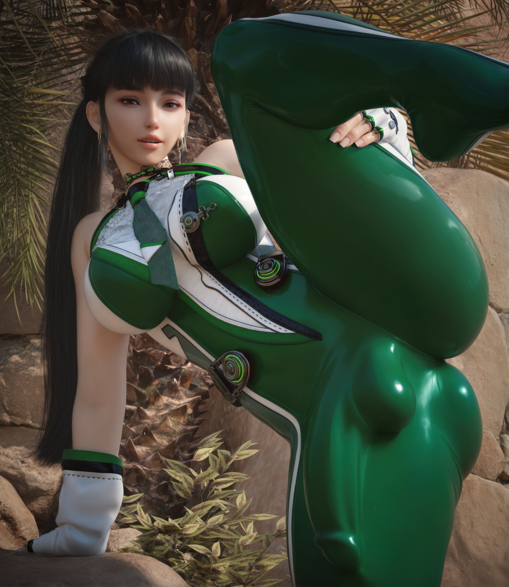 1futa, 3d, big breasts, big penis, black hair, bodysuit, breasts, bulge, bulge down leg, bulge through clothing, cameltail, eve (stellar blade), futa only, futanari, intersex, latex, lifting leg, long hair, one leg raised, one leg up, penis, penis outline, skinsuit, solo, source request, standing on one leg, stellar blade, stevencarson