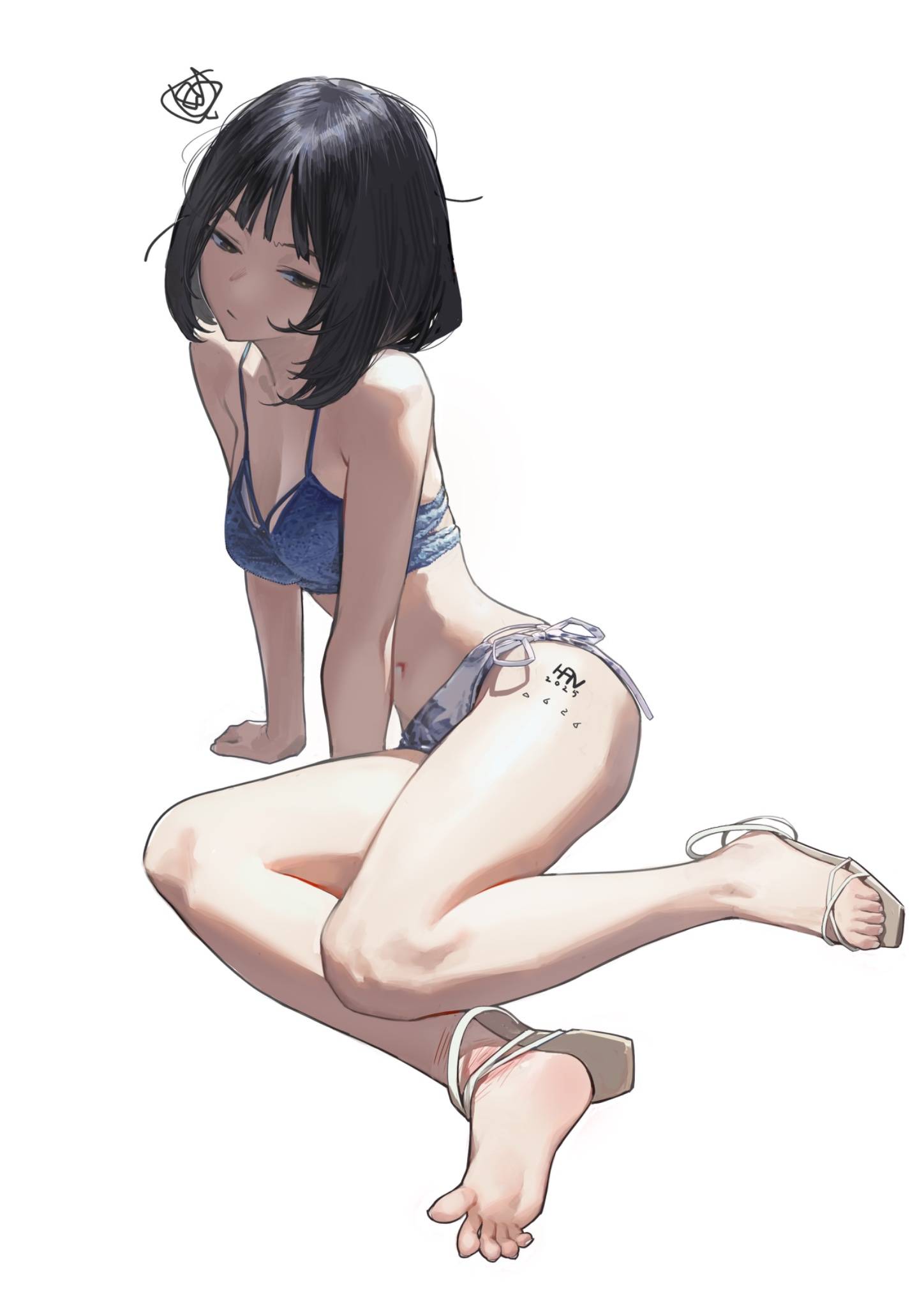 1girls, 2d, 2d (artwork), 2d artwork, above view, almost naked, almost nude, ankles, arm support, average breasts, background, bare arms, bare belly, bare calves, bare chest, bare hands, bare hips, bare knees, bare legs, bare midriff, bare navel, bare shoulders, bare skin, bare soles, bare thighs, bare toes, belly, belly button, bikini, bikini bottom, bikini only, bikini top, black eyebrows, black hair, black-haired female, blank background, blank expression, blank eyes, blank stare, blue bikini, blue bikini top, blue swimsuit, blue swimwear, breasts, brown eyes, brown footwear, brown sandals, brown-eyed female, calves, cleavage, collarbone, color, colored, dark hair, digital, digital art, digital drawing, digital drawing (artwork), digital media, digital media (artwork), drawing, emotionless, exposed, exposed arms, exposed belly, exposed chest, exposed hips, exposed legs, exposed midriff, exposed navel, exposed shoulders, exposed skin, exposed thighs, exposed toes, eyebrows, eyes, feet, female, female focus, female human, female only, footwear, from above, from above view, from side, full body, full body view, groin, hair, half-closed eyes, halterneck, han-0v0, head tilt, high angle, high angle view, high-angle shot, high-angle view, hips, human, human female, human only, knees, lean figure, legs, looking at viewer, medium breasts, medium hair, midriff, monotone background, mostly nude, naked, naked female, naked woman, narrow waist, navel, nearly nude, neutral expression, nude, nude female, nudity, oc, one color background, original, original art, original artwork, original character, original female character, petite, petite body, petite breasts, petite female, petite girl, petite tits, plain background, portrait, practically nude, sandals, short hair, shoulders, side view, side-tie bikini, sitting, slender body, slender waist, slim female, slim waist, soles, solid color background, solo, string bikini, swimsuit, swimwear, thighs, three quarter view, three-quarter view, tilted head, toes, white background, white bikini, white bikini bottom, white swimsuit, white swimwear