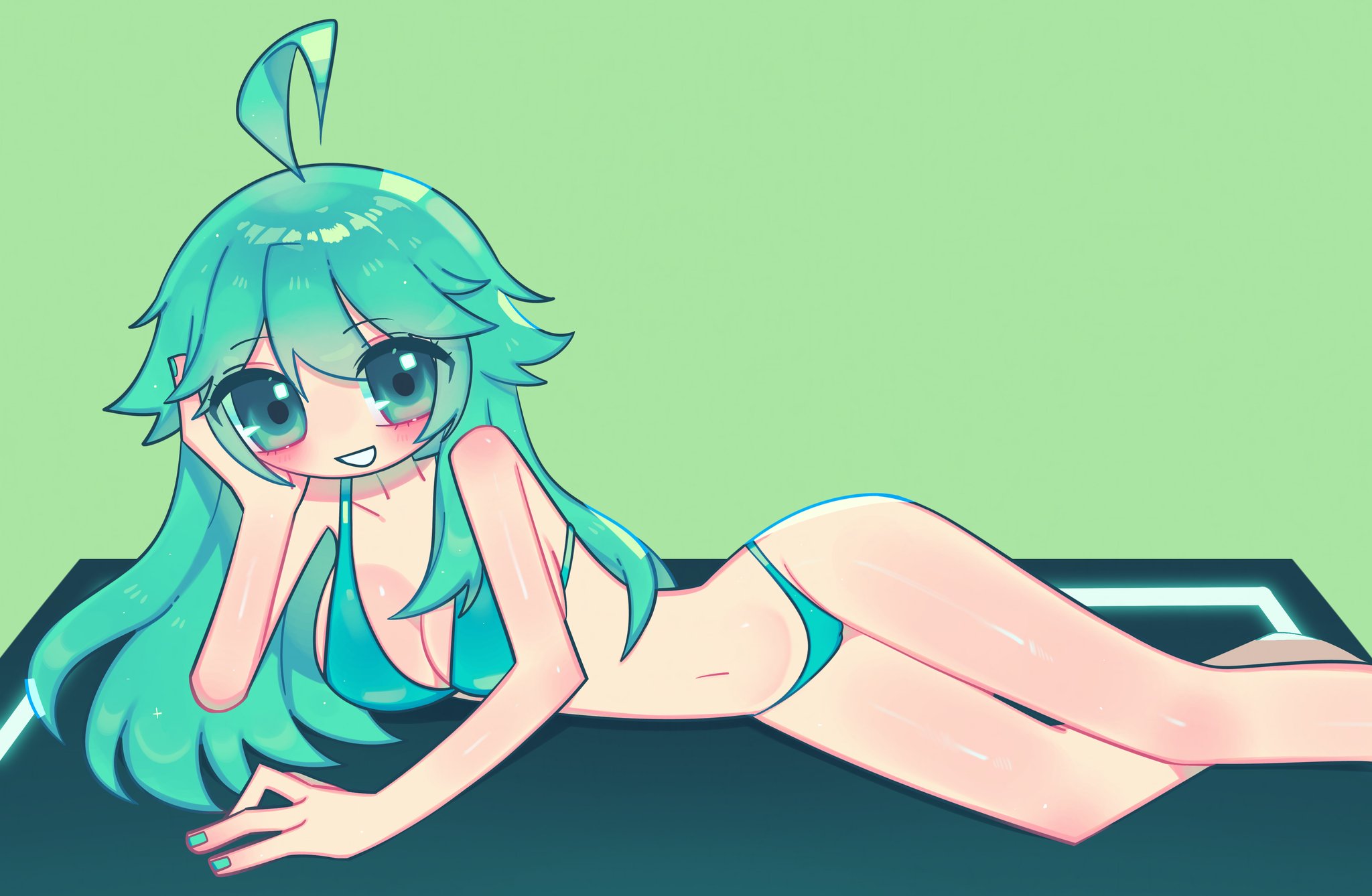 1girls, big breasts, bikini, blue bikini, blush, cute, female, female only, green eyes, green hair, green nails, human, long hair, looking at viewer, rule 34 (booru), rule 34-tan, site-tan