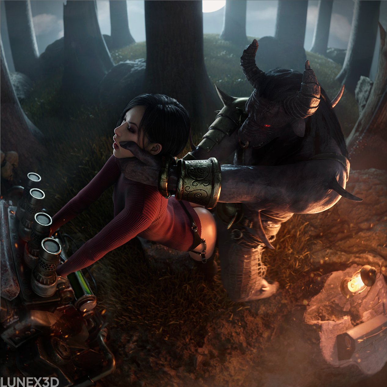 1boy1girl, 3d, ada wong, ambiguous penetration, armor, asian female, bull horns, crossover, dead by daylight, dubious consent, eastern and western character, generator, kazan yamaoka, lunex3d, maledom, maledom/femsub, minotaur, resident evil, resident evil 4 remake, sweater, the oni (dbd)