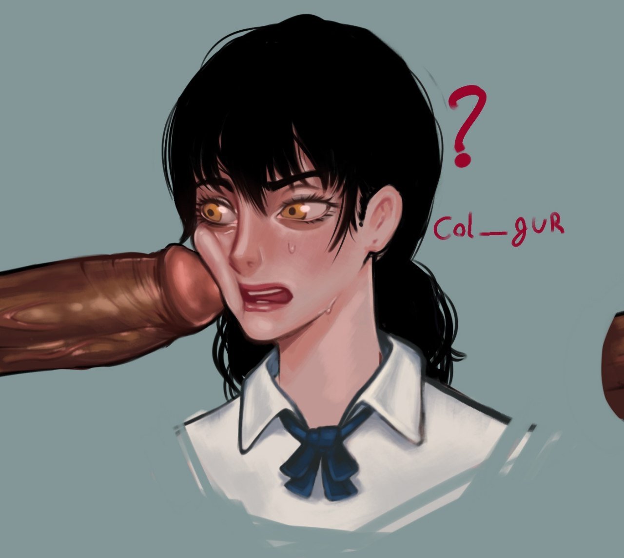 1boy, 1girls, artist name, artist request, black hair, black penis, chainsaw man, confused, dark-skinned male, interracial, meme, meme reference, mitaka asa, penis, penis on face, penis poke, pigtails, poking with penis, redline surrounded by guns (meme), spine (game), yellow eyes