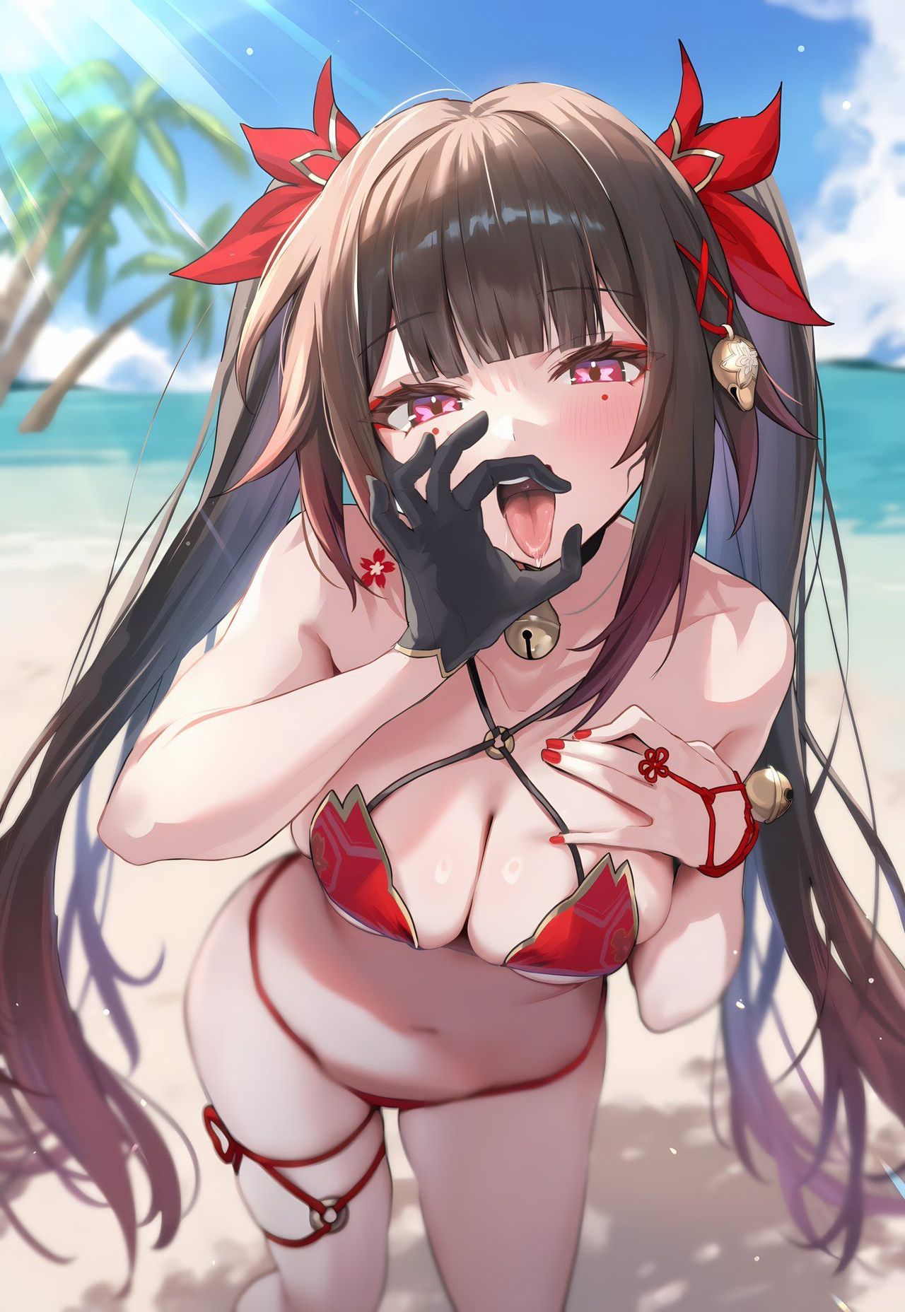 1girls, artist request, bare shoulders, belly, bikini, black hair, breasts, correction, cum tribute material, hair ornament, honkai (series), honkai impact 3rd, honkai: star rail, hoyoverse, imminent cum tribute, long hair, looking at viewer, mihoyo, needs rape, perfect body, red bikini, red eyes, red nail polish, red nails, red tuft, seducing, seducing viewer, seduction, seductive, seductive body, seductive look, seductive mouth, sexy, sexy bikini, sexy body, sexy female, sexy pose, slutty female, sparkle (honkai: star rail), suggestive, suggestive gesture, suggestive look, suggestive pose, suggestive posing, thick thighs, thighs, wanting cum, wanting sex