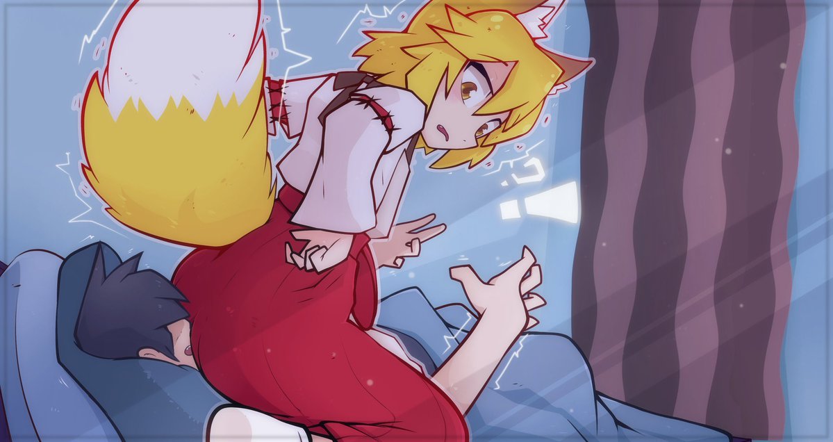 facesitting, female, fox ears, fox girl, fox tail, male, senko (sewayaki kitsune no senko-san), sewayaki kitsune no senko-san, sitting on person, yellow hair