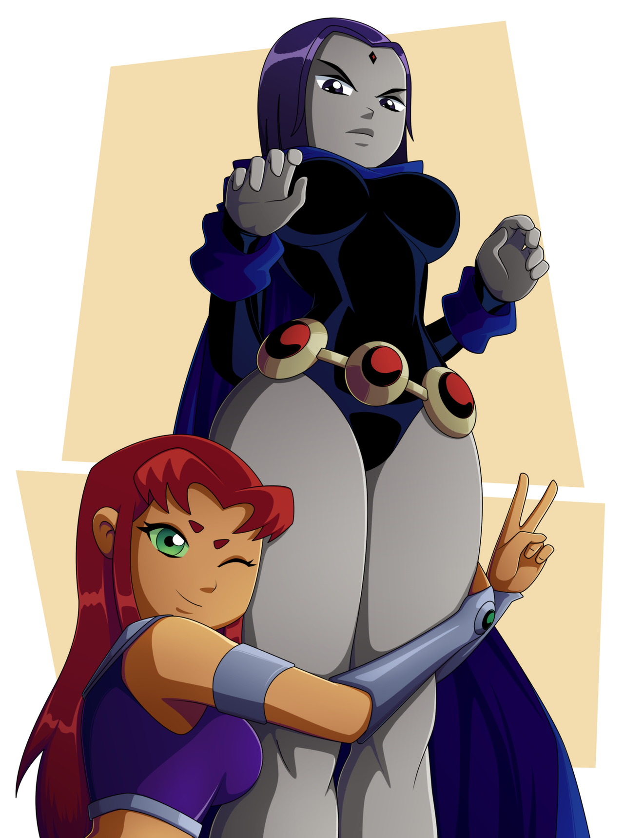 ass, breasts, dc, dc comics, female, green eyes, grey skin, huge ass, large breasts, leotard, multiple females, multiple girls, purple hair, rachel roth, raven (dc), ravenravenraven, red hair, smooth skin, starfire, teen titans, thick thighs, thighhighs, white background, wide hips, yellow background, yuri