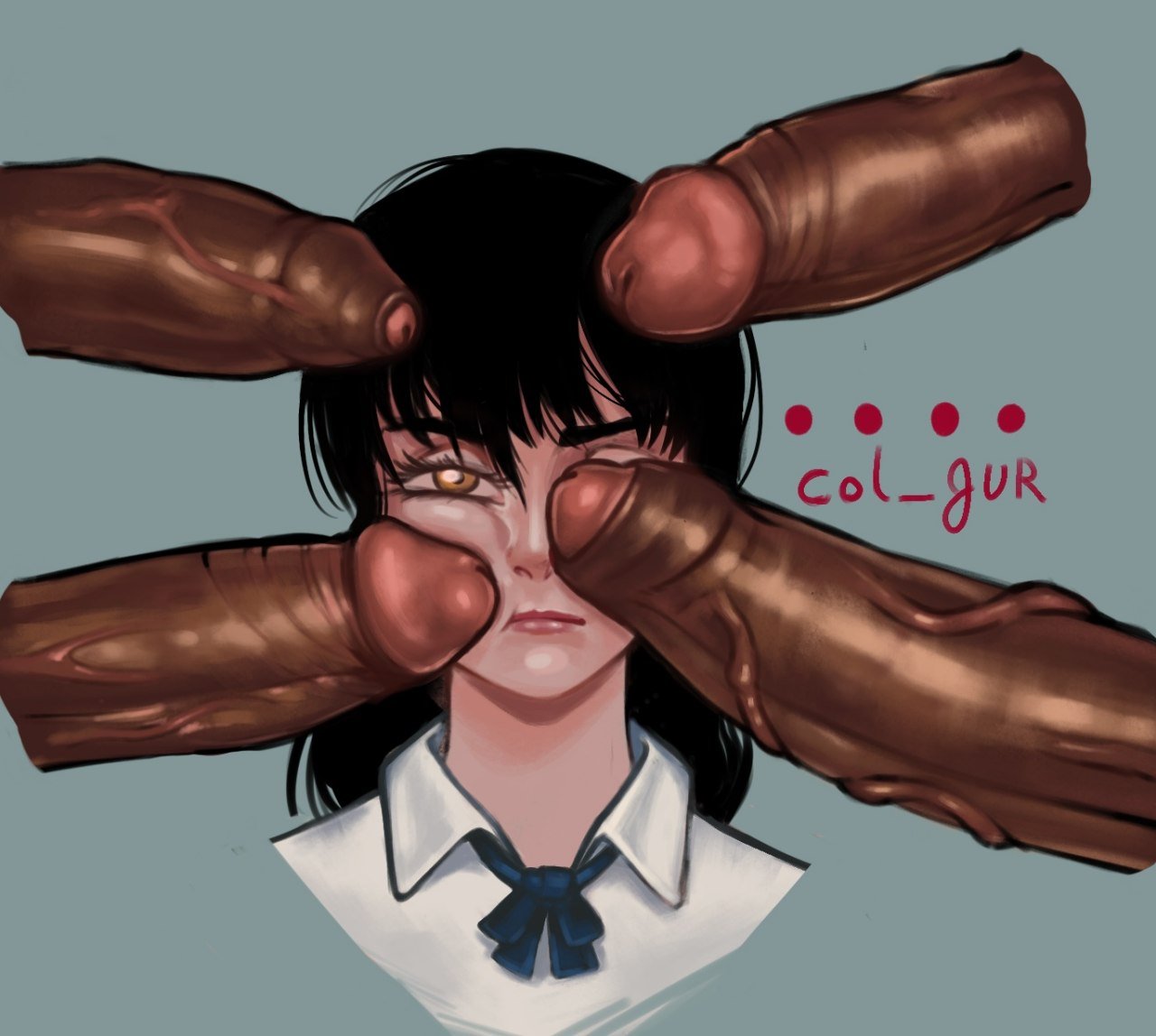 1girls, 4boys, artist name, artist request, big penis, black hair, black penis, chainsaw man, dark-skinned male, interracial, meme, meme reference, mitaka asa, penis, penis covering eye, penis on face, penis poke, pigtails, poking with penis, redline surrounded by guns (meme), spine (game), yellow eyes