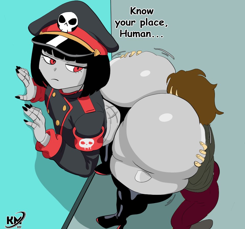 1boy, 1girls, anal, anilingus, armband, ass, ass worship, big ass, bingbingzi, black hair, black nails, bottom heavy, bottomless, brown hair, bubble butt, butt, chengchezhiice, dat ass, dumptruck ass, face in ass, fat ass, flat chest, grey skin, high heels, kings mansion, large ass, light-skinned male, military hat, on knees, red eyes, rimjob, rimming, rimming female, robot, robot commander (bingbingzi), robot girl, shiny ass, short hair, shortstack, stockings, thick ass, thick thighs, thighs, thunder thighs