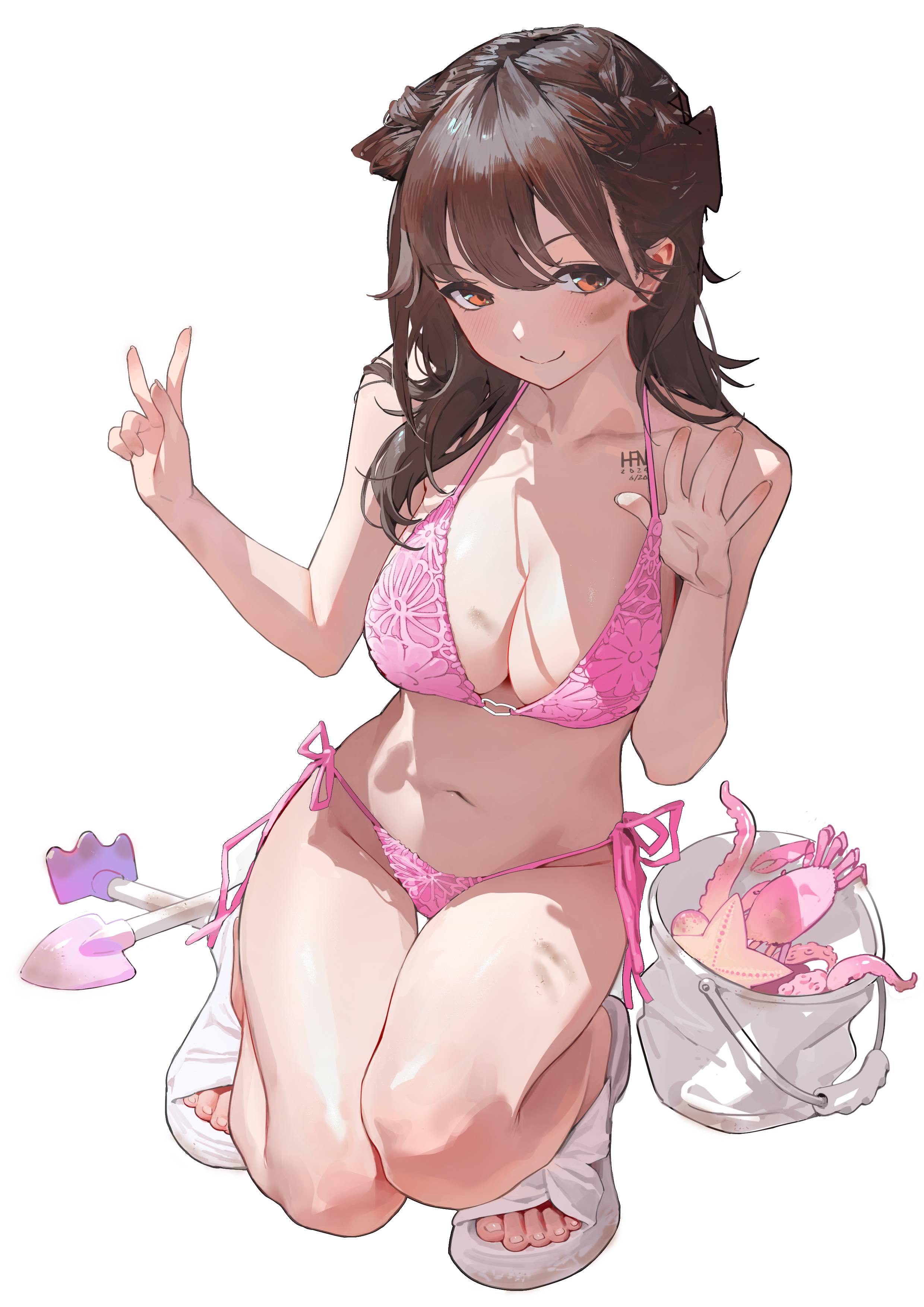 1girls, 2d, 2d (artwork), 2d artwork, above view, adjusting, adjusting bikini, adjusting strap, adjusting swimsuit, adjusting swimwear, almost naked, almost nude, background, bare arms, bare belly, bare calves, bare chest, bare hands, bare hips, bare knees, bare legs, bare midriff, bare navel, bare shoulders, bare skin, bare thighs, bare toes, belly, belly button, big boobs, big breasts, bikini, bikini bottom, bikini only, bikini top, blank background, breasts, brown eyebrows, brown eyes, brown hair, brown-eyed female, brown-haired female, brunette, brunette female, brunette hair, brunette-haired female, busty, busty female, busty girl, calves, cleavage, closed mouth smile, collarbone, color, colored, crab, curvaceous, curvaceous body, curvaceous female, curvaceous figure, curvaceous hips, curvy, curvy body, curvy female, curvy figure, curvy hips, digital, digital art, digital drawing, digital drawing (artwork), digital media, digital media (artwork), drawing, elbows, exposed, exposed arms, exposed belly, exposed chest, exposed hips, exposed legs, exposed midriff, exposed navel, exposed shoulders, exposed skin, exposed thighs, exposed toes, eyebrows, eyebrows visible through hair, eyes, feet, female, female focus, female human, female only, fingernails, fingers, floral bikini, footwear, from above, from above view, from front, front view, full body, full body view, groin, hair, hair between eyes, halterneck, han-0v0, happy, head tilt, high angle, high angle view, high-angle shot, high-angle view, hips, hourglass figure, human, human female, human only, knees, knees together, knees together feet apart, large boobs, large breasts, lean figure, legs, legs closed, legs together, legs together feet apart, long hair, looking at viewer, looking up, looking up at viewer, midriff, monotone background, mostly nude, naked, naked female, naked woman, narrow waist, navel, nearly nude, nude, nude female, nudity, oc, one color background, original, original art, original artwork, original character, original female character, peace sign, pink bikini, pink bikini bottom, pink bikini top, pink swimsuit, pink swimwear, plain background, portrait, posing, posing for the viewer, posing naked, posing nude, practically nude, sandals, shoulders, side-tie bikini, sign, sitting, slender body, slender waist, slim female, slim waist, smile, smiley face, smiling, smiling at viewer, solid color background, solo, squid, starfish, strap lift, strap pull, string bikini, swimsuit, swimwear, thigh gap, thighs, thighs together, tilted head, toes, v, v sign, white background, white footwear, white sandals, wide hips