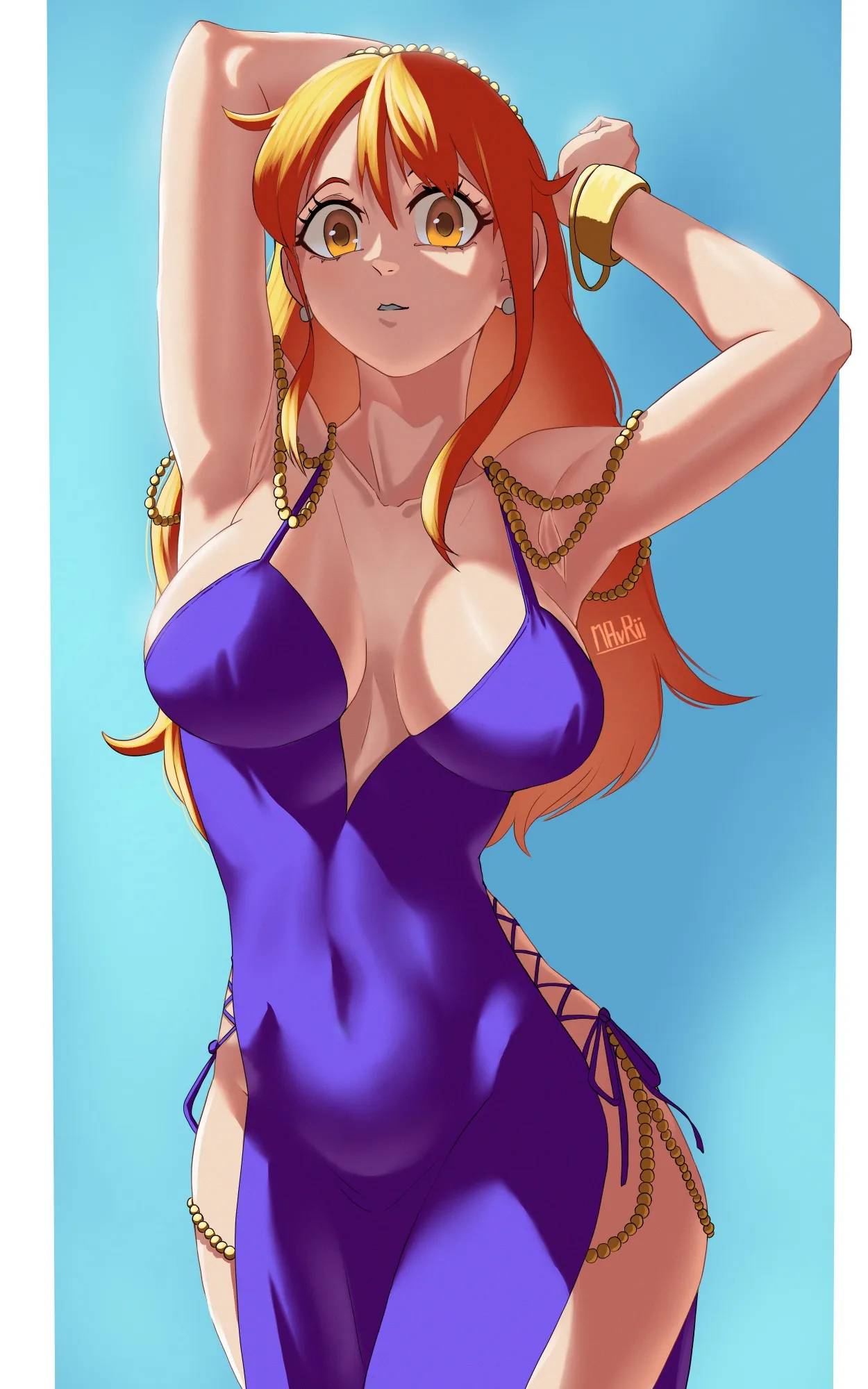 1girls, 2d, 2d (artwork), 2d artwork, adult, adult female, anime, anime character, anime girl, arm behind head, armpit, armpit crease, armpit focus, armpit peek, armpits, arms up, background, baddie, belly, belly button, bewitching thighs, big boobs, big breasts, blue background, bracelet, breasts, breasts apart, busty, busty female, busty girl, child bearing hips, cleavage, clothes, collarbone, color, colored, cowboy shot, curvaceous, curvaceous body, curvaceous female, curvaceous figure, curvaceous hips, curvy, curvy body, curvy female, curvy figure, curvy hips, digital, digital art, digital drawing, digital drawing (artwork), digital media, digital media (artwork), drawing, dress, earrings, elbows, eye-level view, eyes, facing viewer, fanart, female, female focus, female only, female protagonist, fertile, fertile hips, fingers, fit female, from front, front view, ginger, ginger hair, hair between eyes, hairless armpits, hand behind head, hands up, hips, hourglass figure, inframammary fold, jewelry, large boobs, large breasts, lascivious, lean figure, leg out of frame, legs out of frame, linea alba, long hair, looking at viewer, main character, manga character, mature, mature female, mature woman, mavrii, monotone background, nami (one piece), narrow waist, navel, one color background, one piece, one piece: zou arc, orange eyebrows, orange eyes, orange hair, orange hair female, orange-eyed female, orange-haired female, outfit, plain background, portrait, posing, posing for the viewer, post-timeskip, presenting armpit, protagonist, purple clothes, purple dress, purple outfit, purple topwear, sexy female, shaved armpits, shonen jump, shoulders, shueisha, sidelocks, slender body, slender waist, slim female, slim waist, solid color background, solo, standing, stomach, thick thighs, thighs, tight clothes, tight dress, tight outfit, tight topwear, toei animation, toned, toned belly, toned body, toned female, top view, topwear, upper body, voluptuous, voluptuous body, voluptuous female, voluptuous figure, voluptuous woman, waifu, wavy hair, weekly shonen jump, wide hips, woman