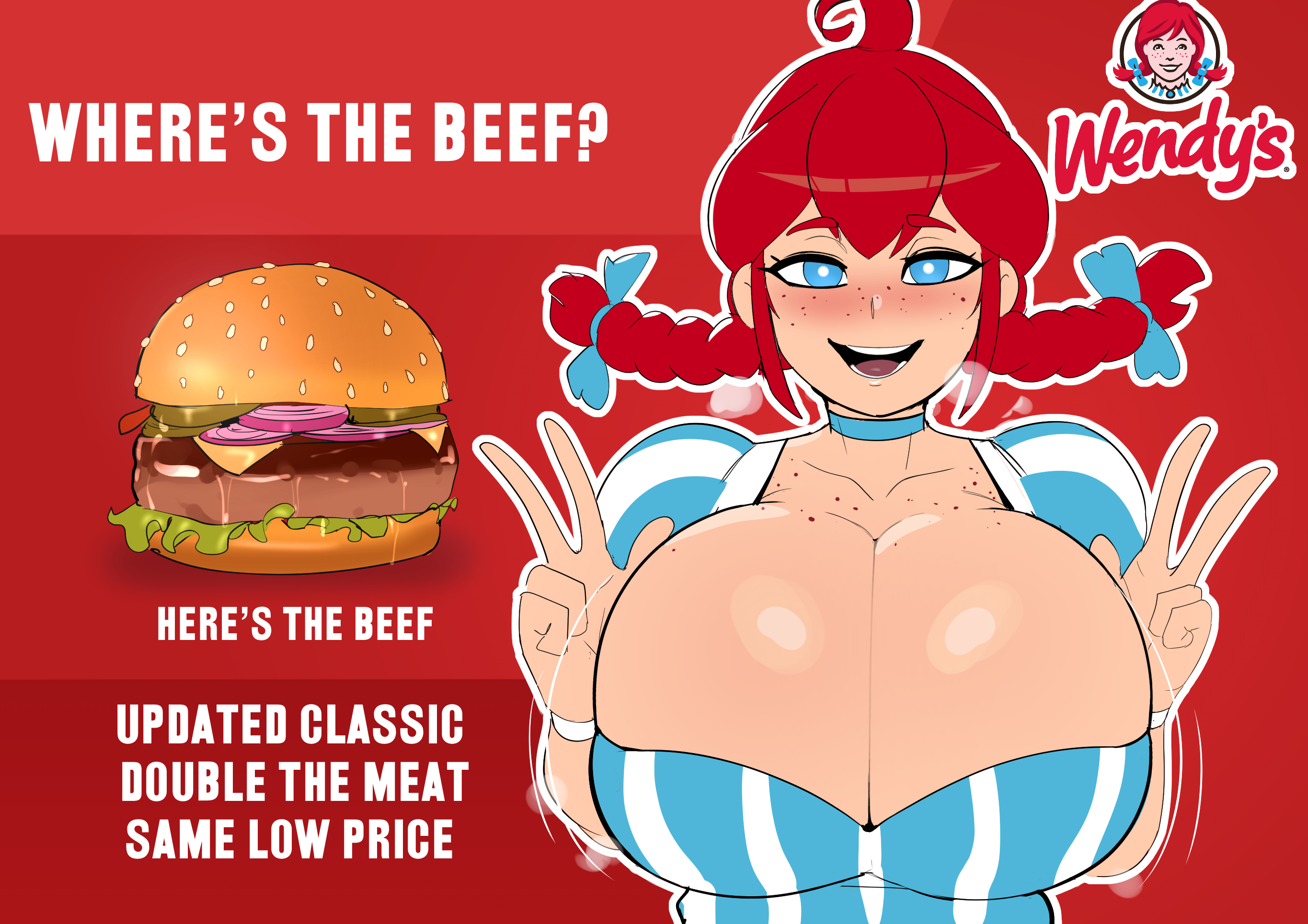 2026, advertisement, blue eyes, blushing, blushing female, bouncing breasts, choker, cleavage, cleavage overflow, double peace sign, female, female focus, female only, freckles, freckles on breasts, freckles on face, g3mma, hamburger, huge breasts, looking at viewer, parody, red hair, shiny skin, steam, steam clouds, steamy breath, tremble lines, wendy thomas, wendy's