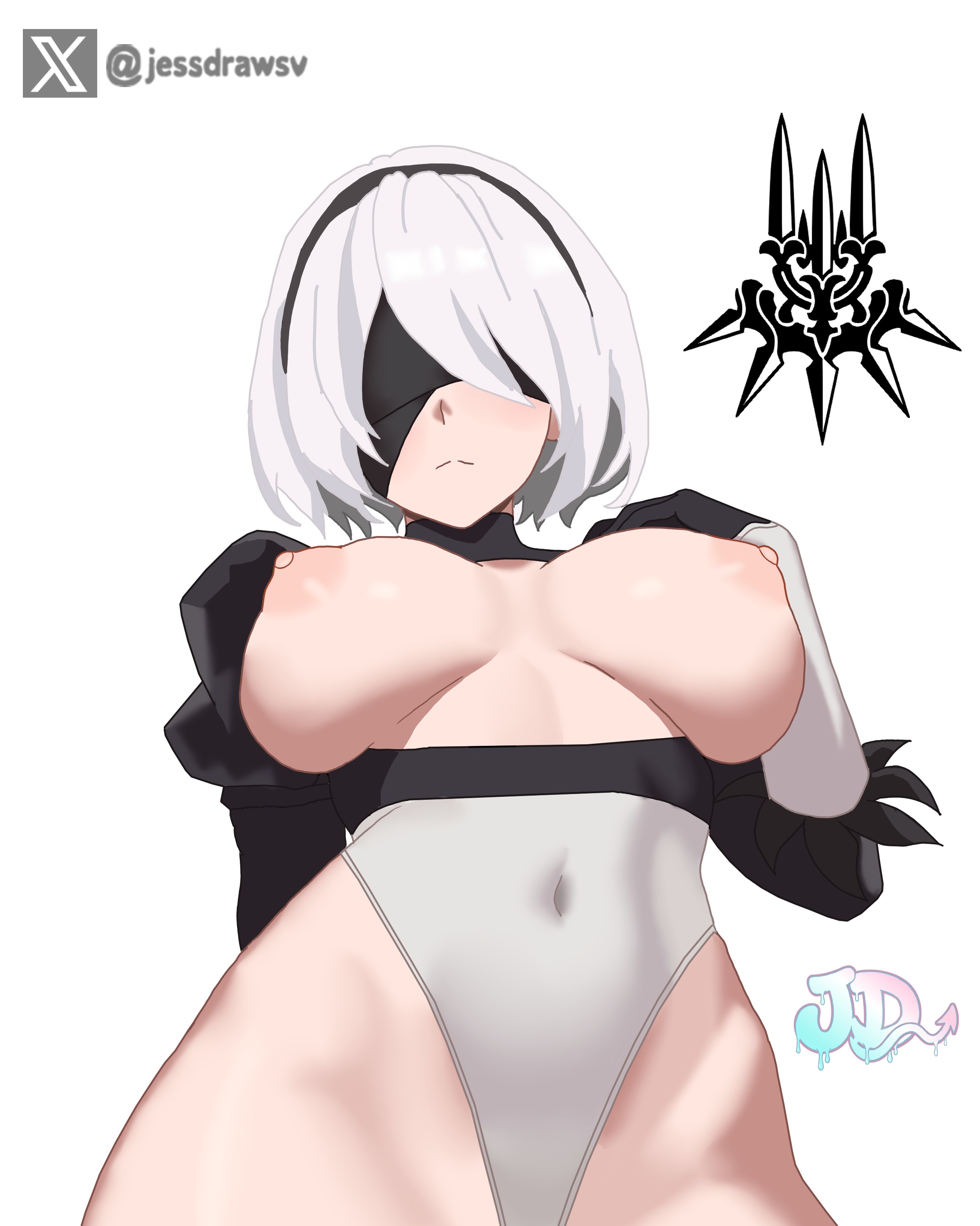 1girls, 2b (nier:automata), big boobs, big breasts, black blindfold, black dress, black gloves, black hairband, blindfold, breasts out, closed mouth, digital media (artwork), dress, facing viewer, female, female only, hairband, jessdraws, leotard aside, looking at viewer, nier: automata, short hair, sweat, white background, white hair, yorha 2b