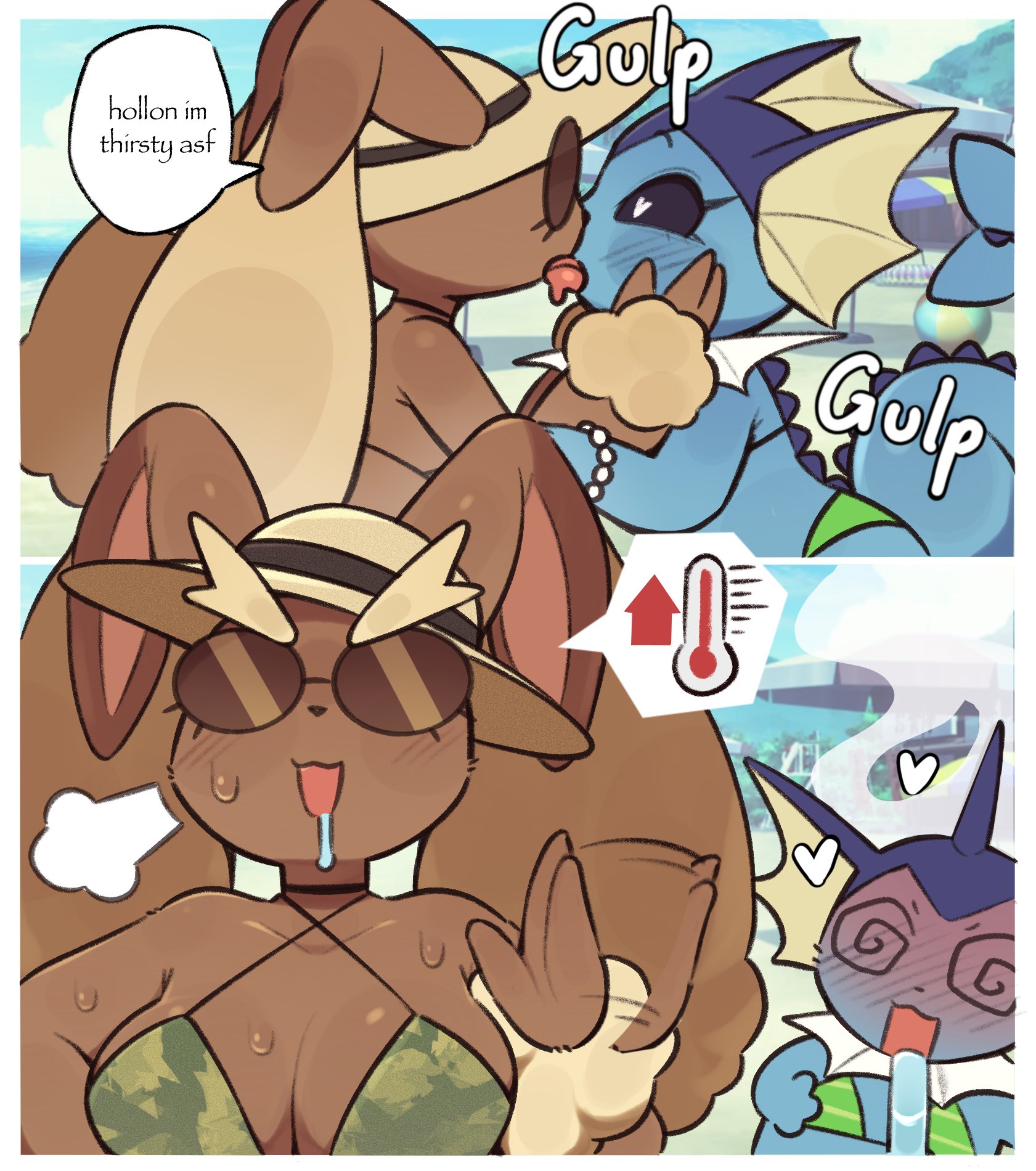 :3, 2 panel comic, 2026, 2girls, 3 fingers, anthro, anthro focus, anthro on anthro, ball, beach, beach ball, bikini, bikini top, biped, black nose, black sclera, blue body, blush, blush lines, blushing profusely, bodily fluids, bracelet, breasts, brown body, brown fur, camo, camo print, clothed, clothed anthro, clothed female, clothing, collarbone, colored, comic, dialogue, digital drawing (artwork), digital media (artwork), drinking, drooling, duo, ear tuft, eeveelution, emanata, english text, eyebrows, eyelashes, eyewear, female, female anthro, female focus, female only, female/female, fin, fingers, fish tail, floppy ears, french kissing, frill (anatomy), front view, fur, gem, generation 1 pokemon, generation 4 pokemon, glasses, hand on arm, hand on face, head fin, heart eyes, heart reaction, heart symbol, hi res, humor, inflatable, jewelry, kissing, lagomorph, leaning, leaning forward, leporid, long ears, lop ears, lopunny, mammal, medium breasts, motion lines, multiple poses, multiple scenes, nintendo, pearl (gem), pearl bracelet, pokemon, pokemon (species), pose, pupils, rabbit, round glasses, round sunglasses, saliva, scientific instrument, sea, shaded, side view, solo focus, sound effects, speech bubble, spiral, spiral eyes, standing, steam, sunglasses, svkhaiminh, sweat, sweaty breasts, sweaty face, swimwear, talking to another, tan tuft, text, thermometer, tuft, two-piece swimsuit, vaporeon, water, wearing sunglasses, white pupils, wide brim hat, yuri