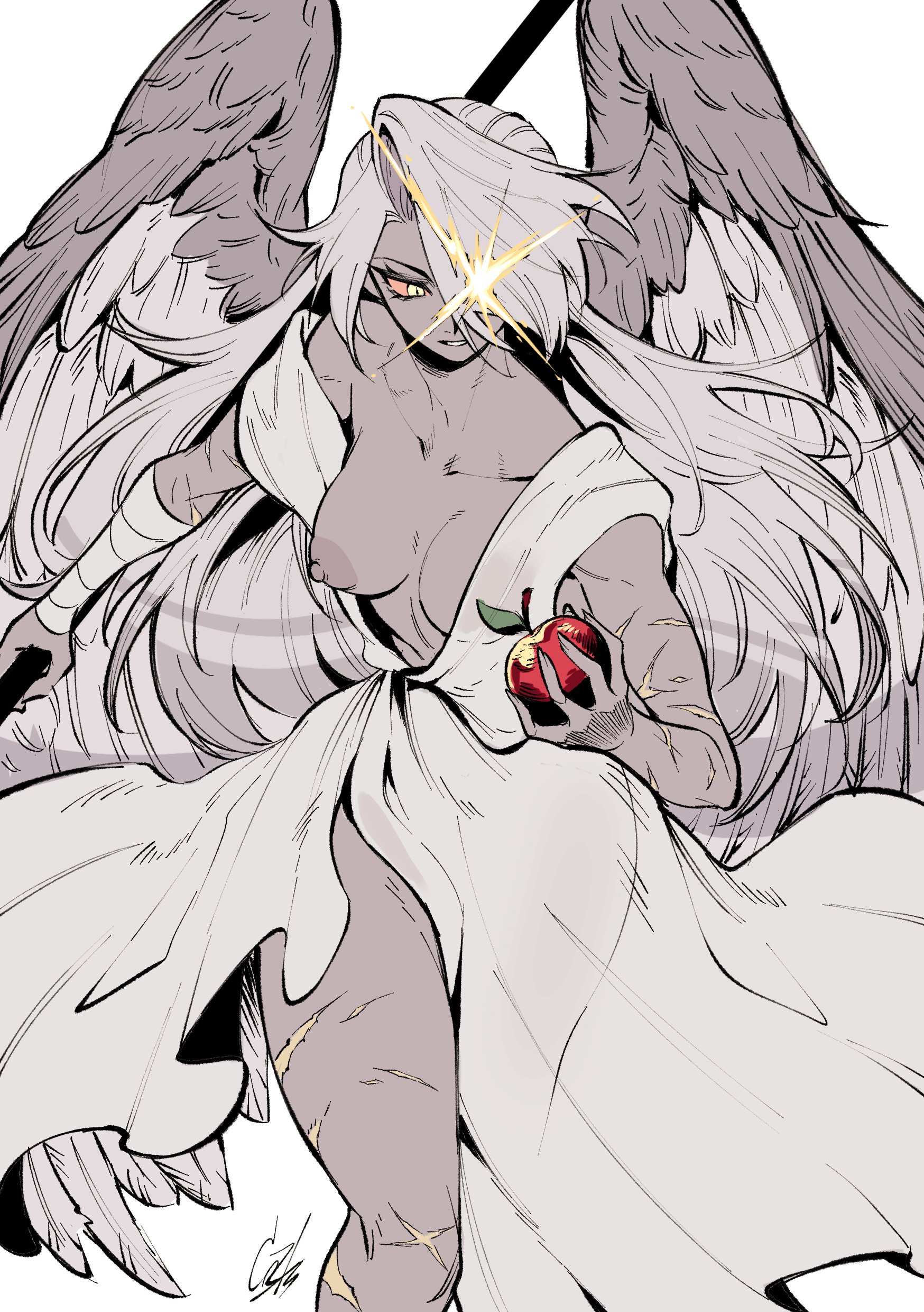 1girl, absurdres, angel, angel wings, apple, bandaged arm, bandages, bare legs, breasts, colored sclera, colored skin, dress, feathered wings, food, fruit, glowing, glowing eyes, grey hair, grey skin, grey wings, hazbin hotel, hellaverse, highres, holding, holding food, holding fruit, holding polearm, holding weapon, kazuya (kozun), long hair, medium breasts, multiple scars, nipples, one breast out, pink sclera, polearm, scar, scar on arm, scar on leg, solo, spear, thighs, toned, toned female, vaggie (hazbin hotel), very long hair, weapon, wings, yellow eyes